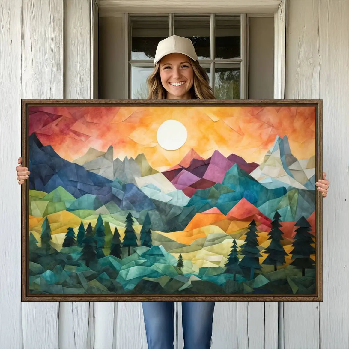 90654-MGV-CV-36X24-Large Colorful Abstract Mountain Landscape Canvas Wall Art - Geometric Nature Artwork - Vibrant
