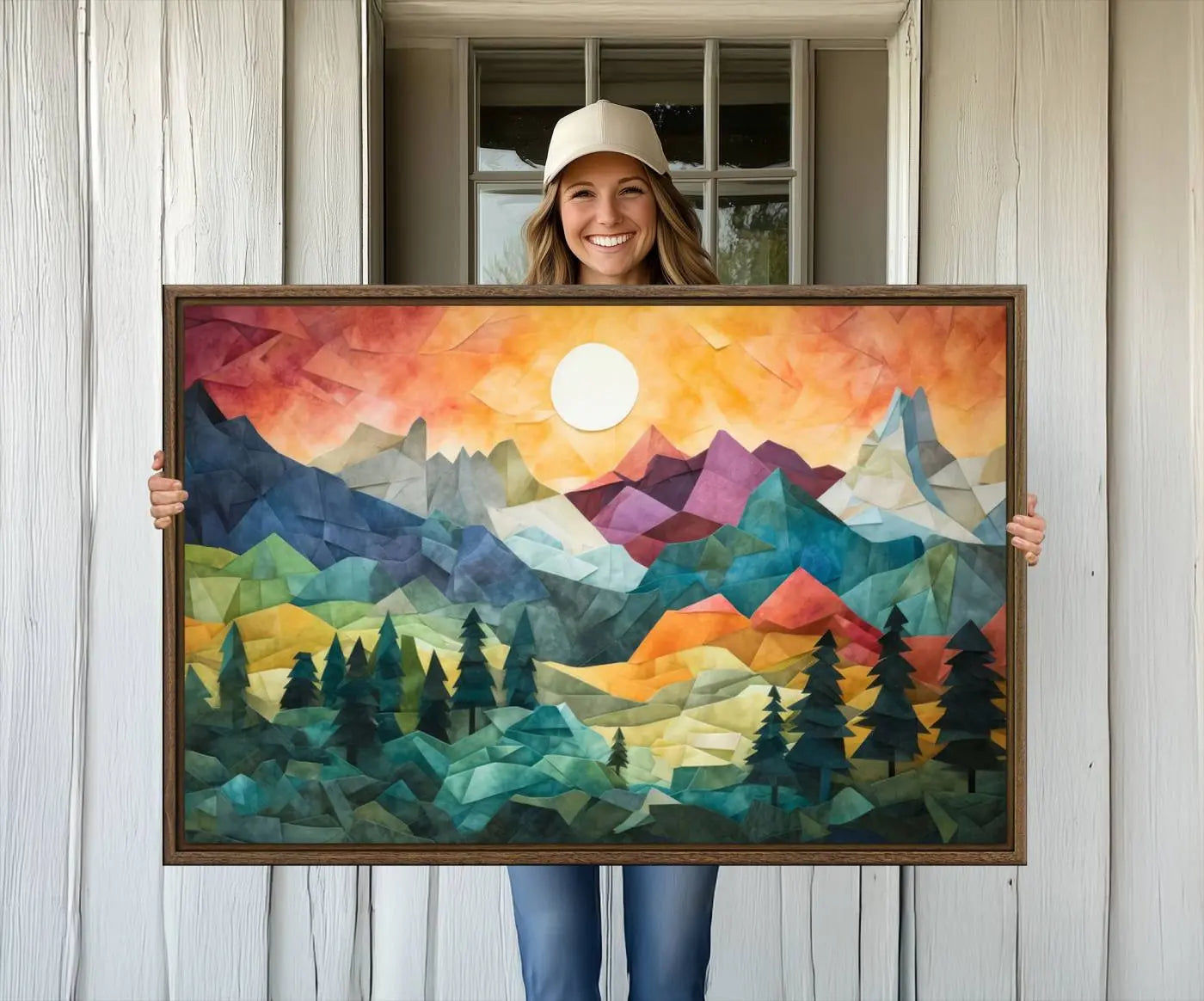 90654-MGV-CV-36X24-Large Colorful Abstract Mountain Landscape Canvas Wall Art - Geometric Nature Artwork - Vibrant