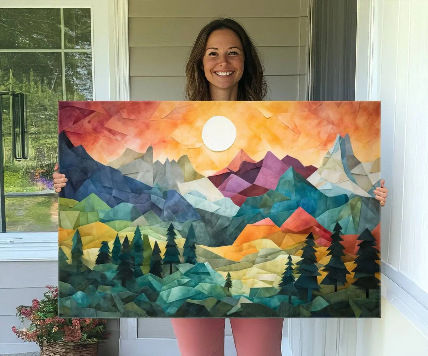 90654-MGV-CV-36X24-Colorful Abstract Mountain Wall Art Canvas Print – Geometric Vibrant Landscape Artwork for Modern Home, Office Decor