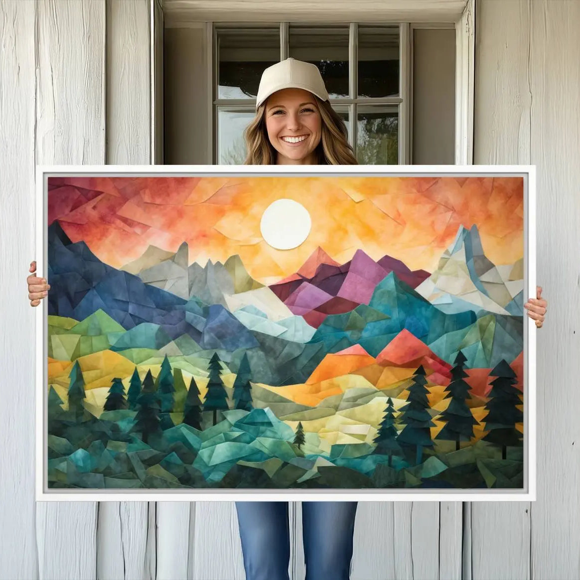 90654-MGV-CV-36X24-Large Colorful Abstract Mountain Landscape Canvas Wall Art - Geometric Nature Artwork - Vibrant
