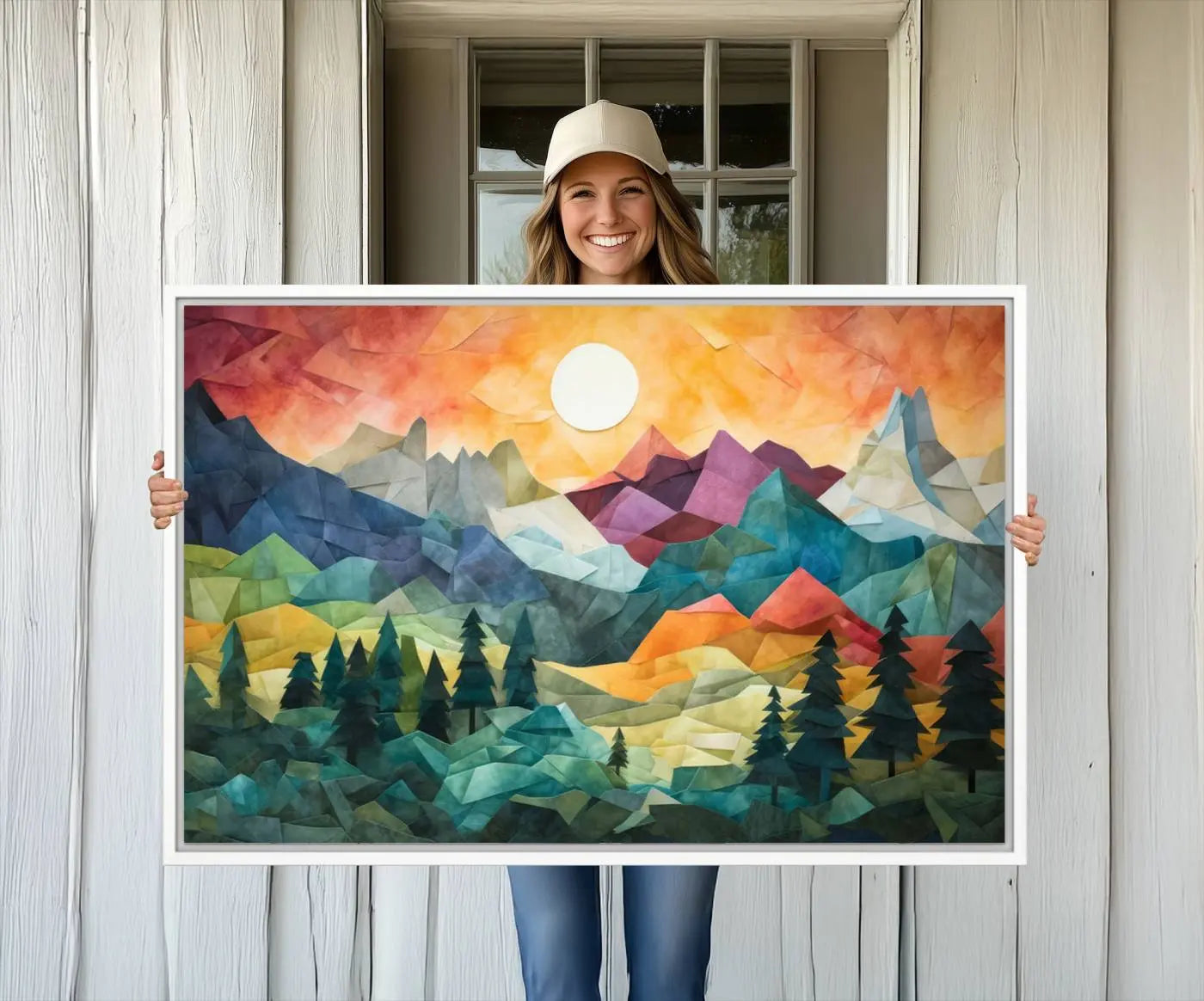 90654-MGV-CV-36X24-Large Colorful Abstract Mountain Landscape Canvas Wall Art - Geometric Nature Artwork - Vibrant