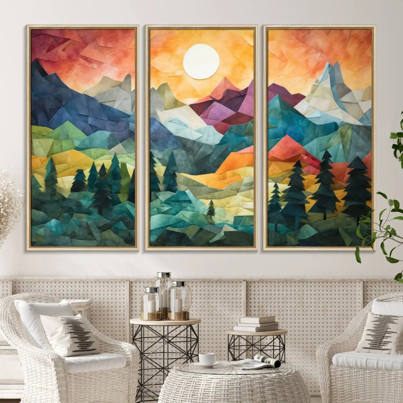 90654-MGV-CV-36X24-Large Colorful Abstract Mountain Landscape Canvas Wall Art - Geometric Nature Artwork - Vibrant