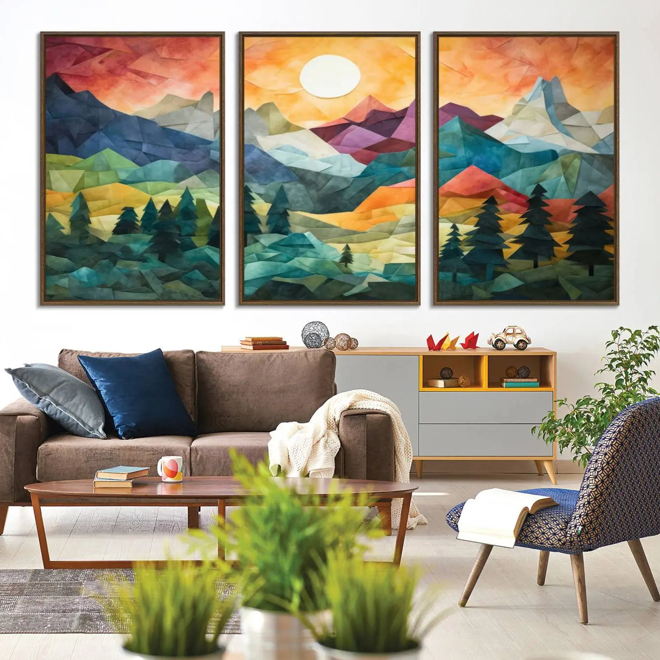 90654-MGV-CV-36X24-Large Colorful Abstract Mountain Landscape Canvas Wall Art - Geometric Nature Artwork - Vibrant
