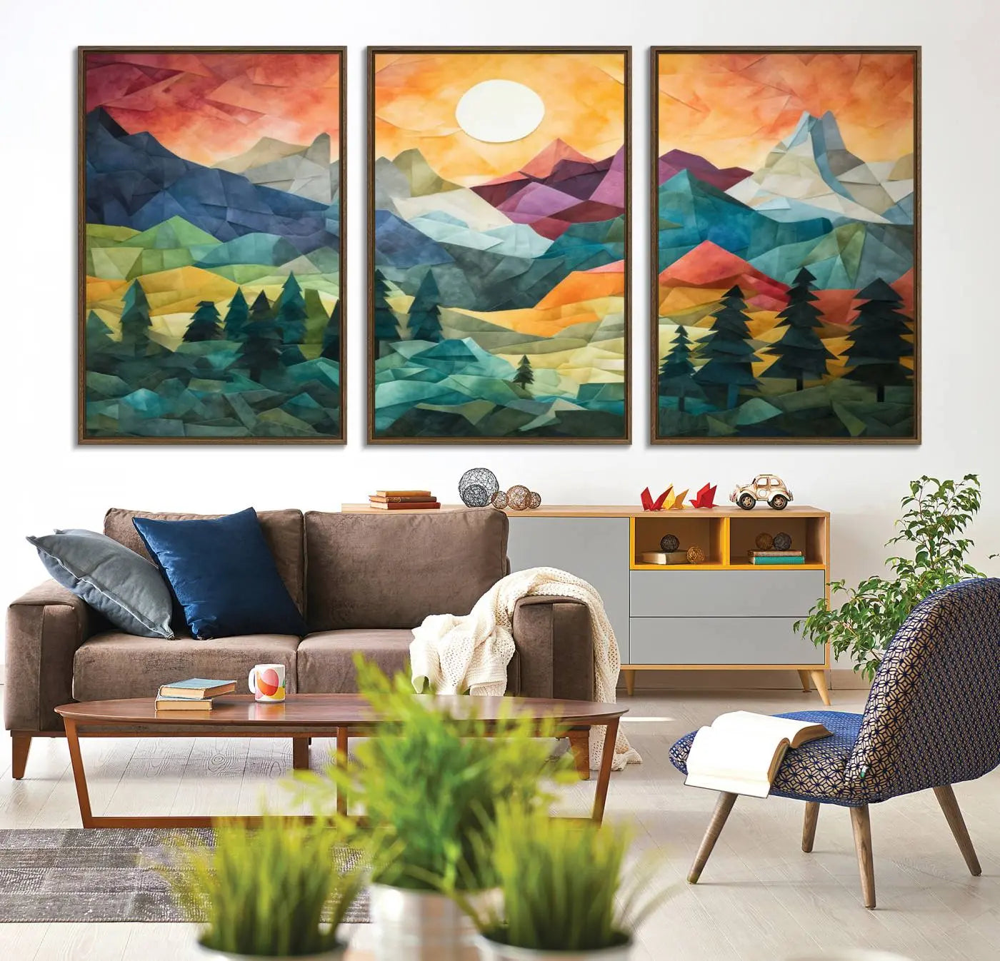 90654-MGV-CV-36X24-Large Colorful Abstract Mountain Landscape Canvas Wall Art - Geometric Nature Artwork - Vibrant