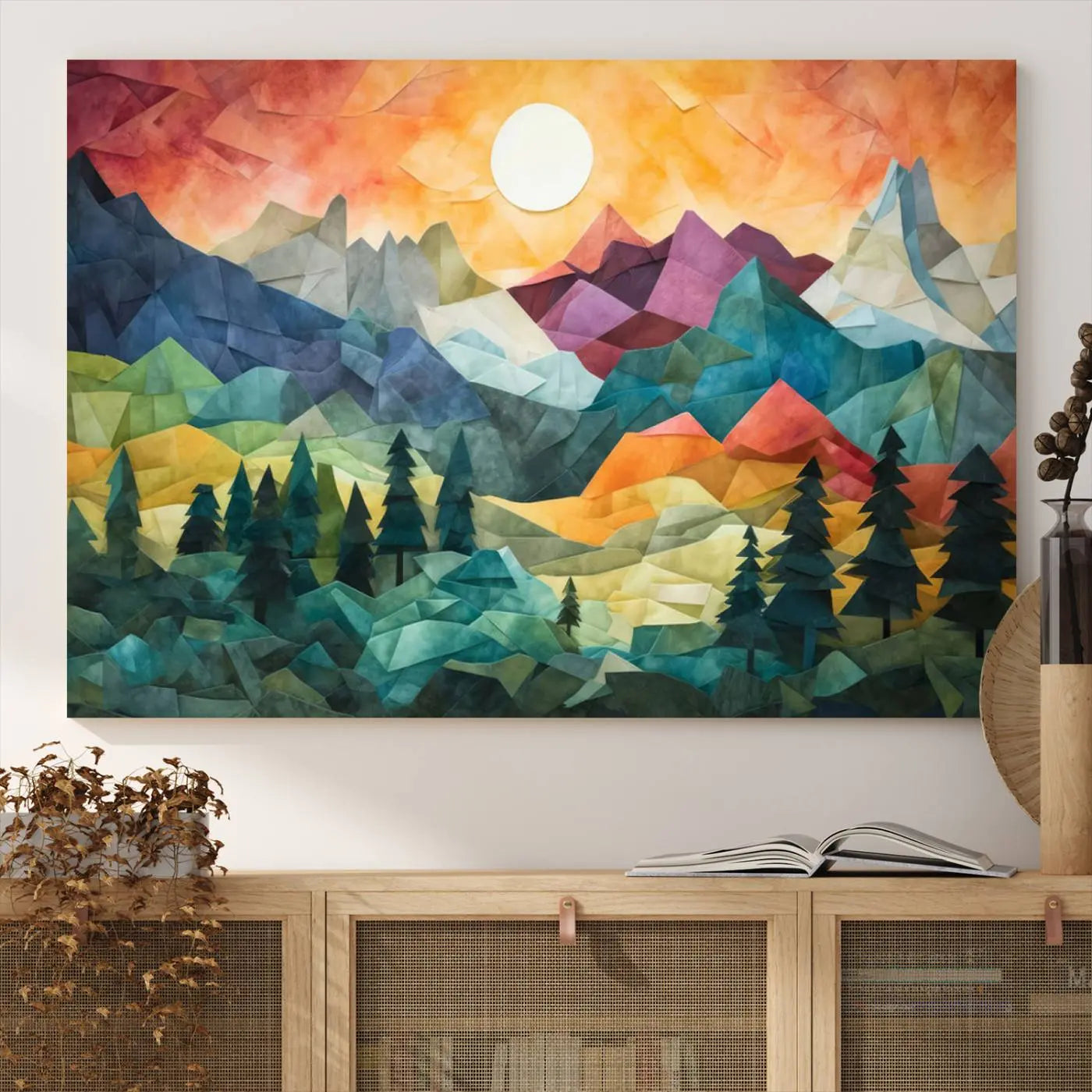 90654-MGV-CV-36X24-Large Colorful Abstract Mountain Landscape Canvas Wall Art - Geometric Nature Artwork - Vibrant
