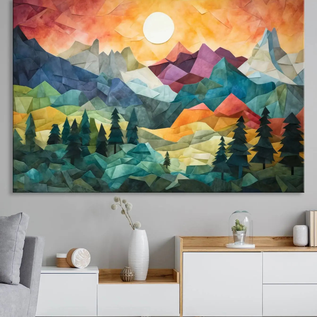 90654-MGV-CV-36X24-Large Colorful Abstract Mountain Landscape Canvas Wall Art - Geometric Nature Artwork - Vibrant