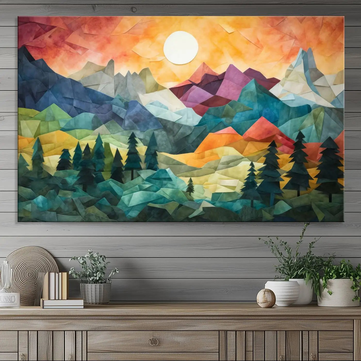 90654-MGV-CV-36X24-Large Colorful Abstract Mountain Landscape Canvas Wall Art - Geometric Nature Artwork - Vibrant
