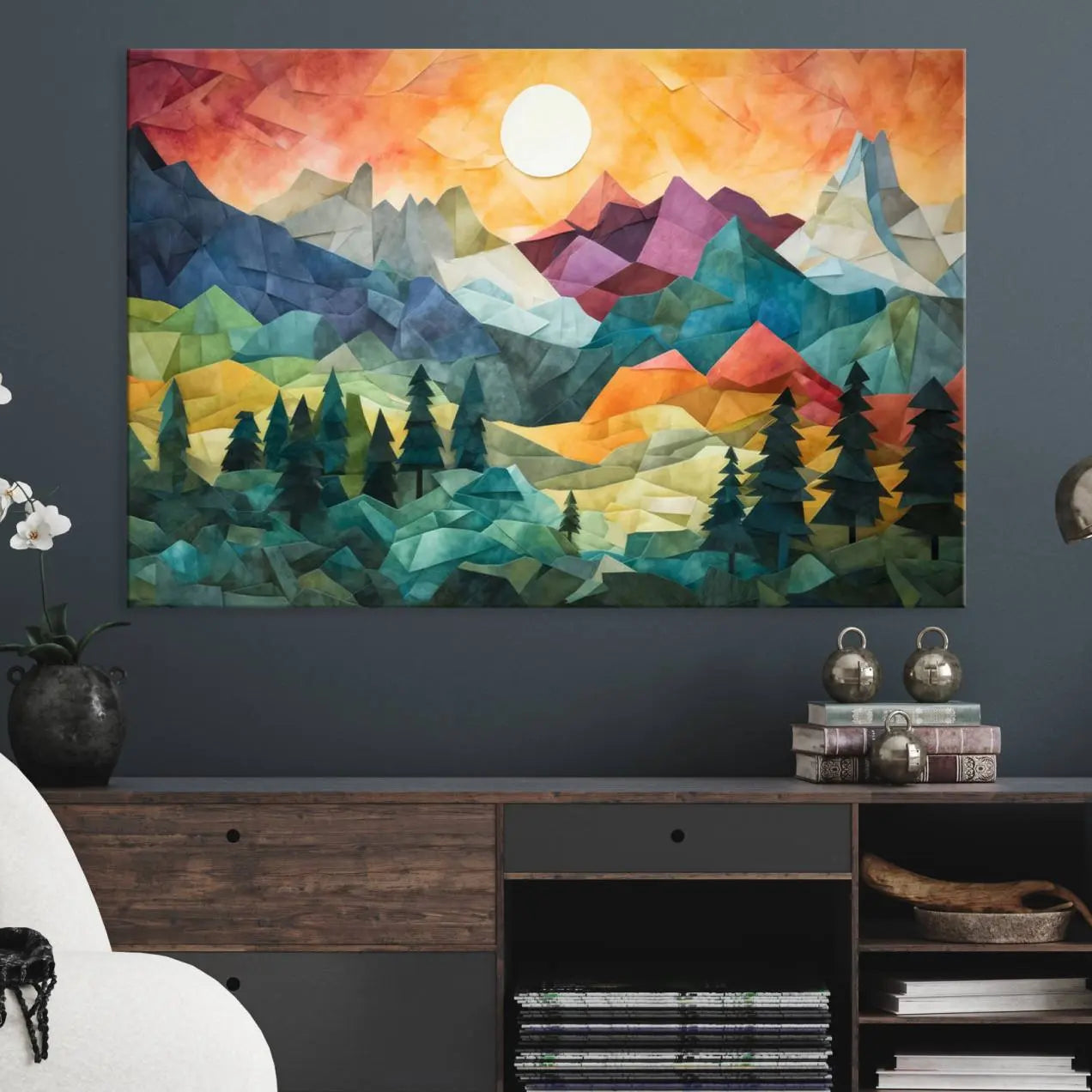 90654-MGV-CV-36X24-Large Colorful Abstract Mountain Landscape Canvas Wall Art - Geometric Nature Artwork - Vibrant