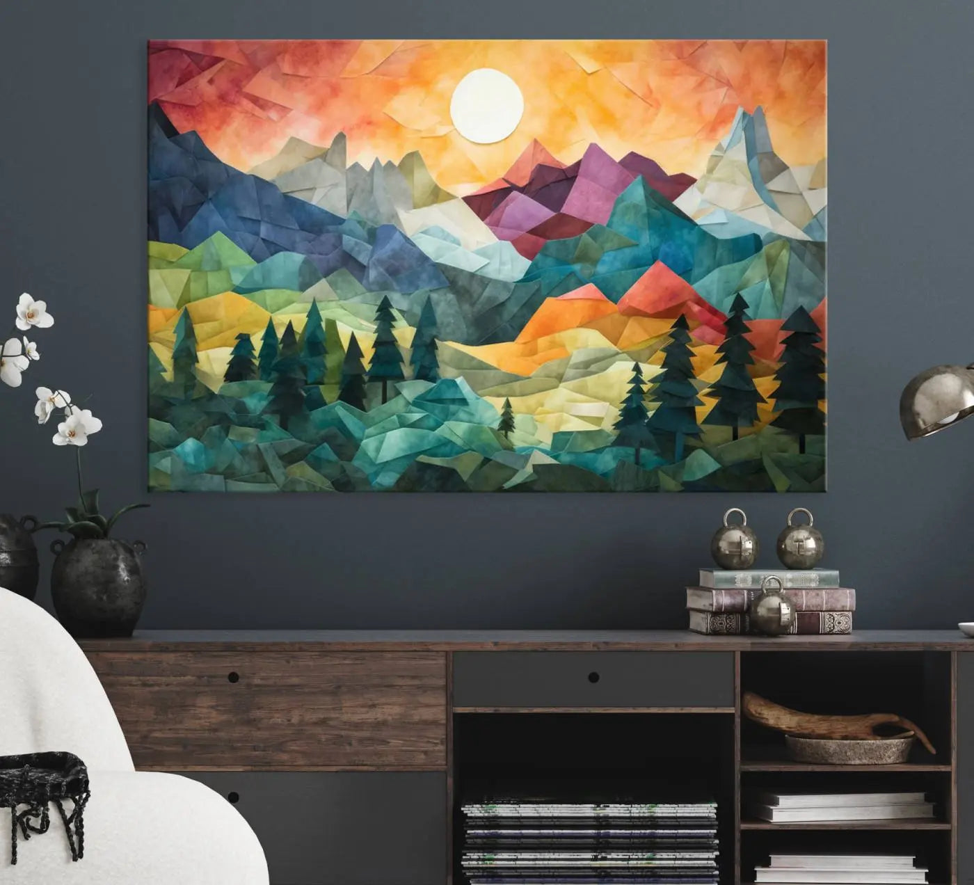 90654-MGV-CV-36X24-Large Colorful Abstract Mountain Landscape Canvas Wall Art - Geometric Nature Artwork - Vibrant