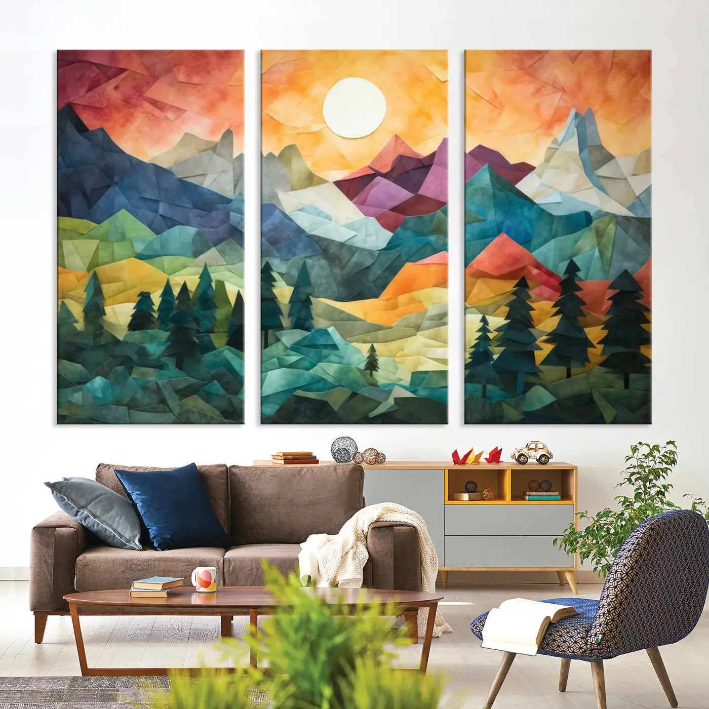 90654-MGV-CV-36X24-Large Colorful Abstract Mountain Landscape Canvas Wall Art - Geometric Nature Artwork - Vibrant