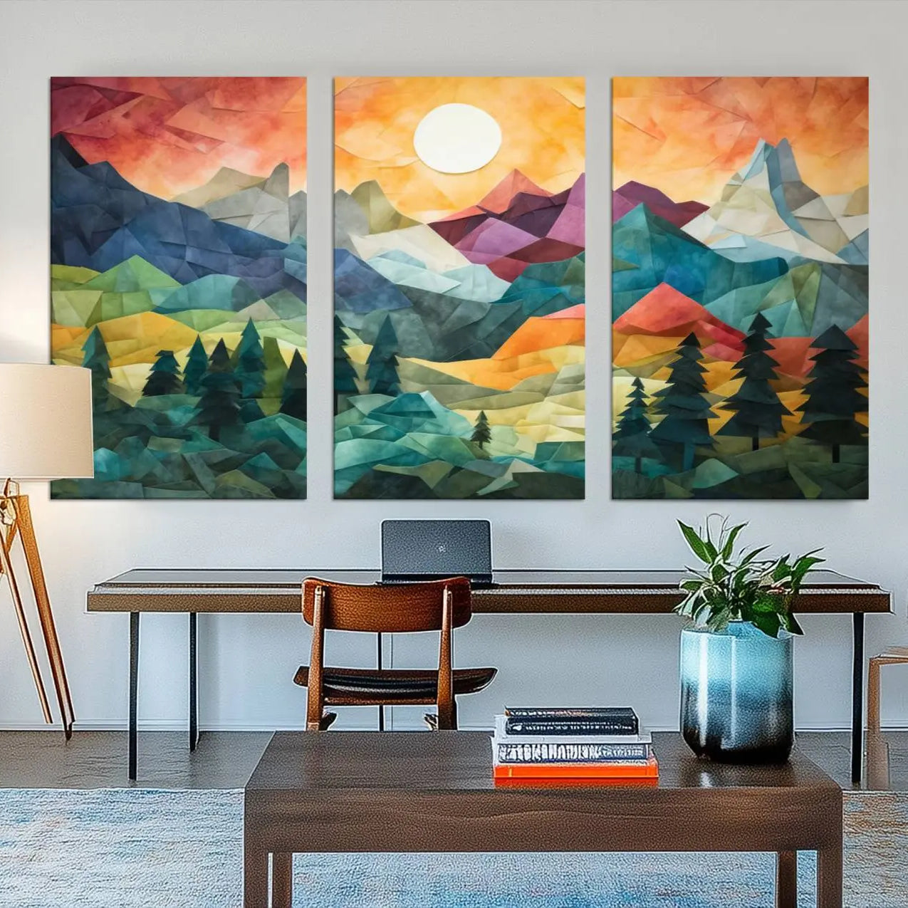 90654-MGV-CV-48X32-3P-Large Colorful Abstract Mountain Landscape Canvas Wall Art - Geometric Nature Artwork - Vibrant