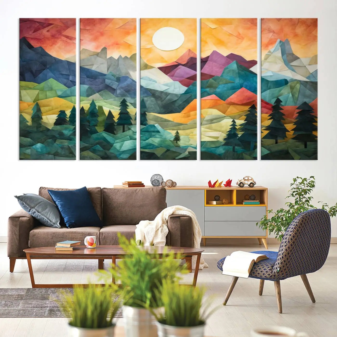 90654-MGV-CV-60X31-5P-Large Colorful Abstract Mountain Landscape Canvas Wall Art - Geometric Nature Artwork - Vibrant