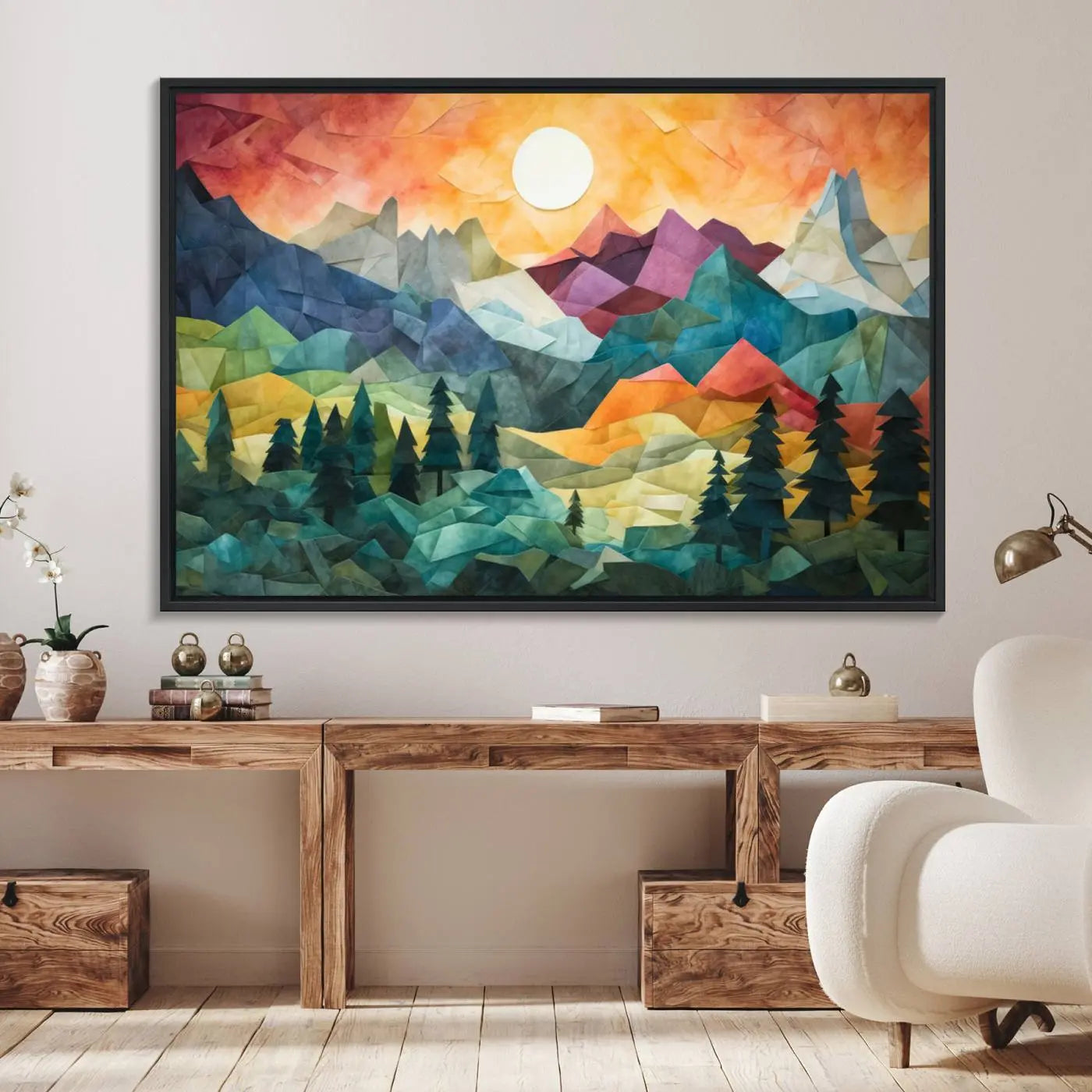 90654-MGV-FC-36X24_Black-Large Colorful Abstract Mountain Landscape Canvas Wall Art - Geometric Nature Artwork - Vibrant