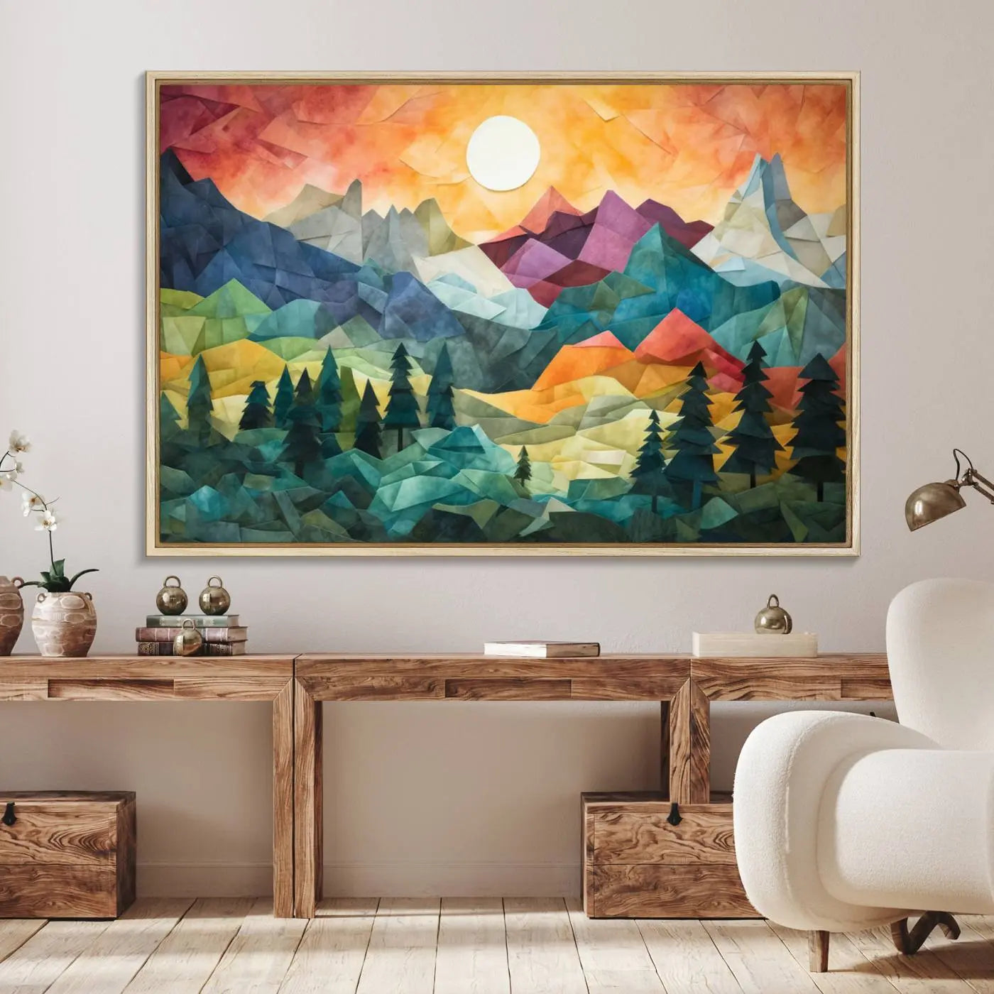 90654-MGV-FC-36X24_Natural-Large Colorful Abstract Mountain Landscape Canvas Wall Art - Geometric Nature Artwork - Vibrant