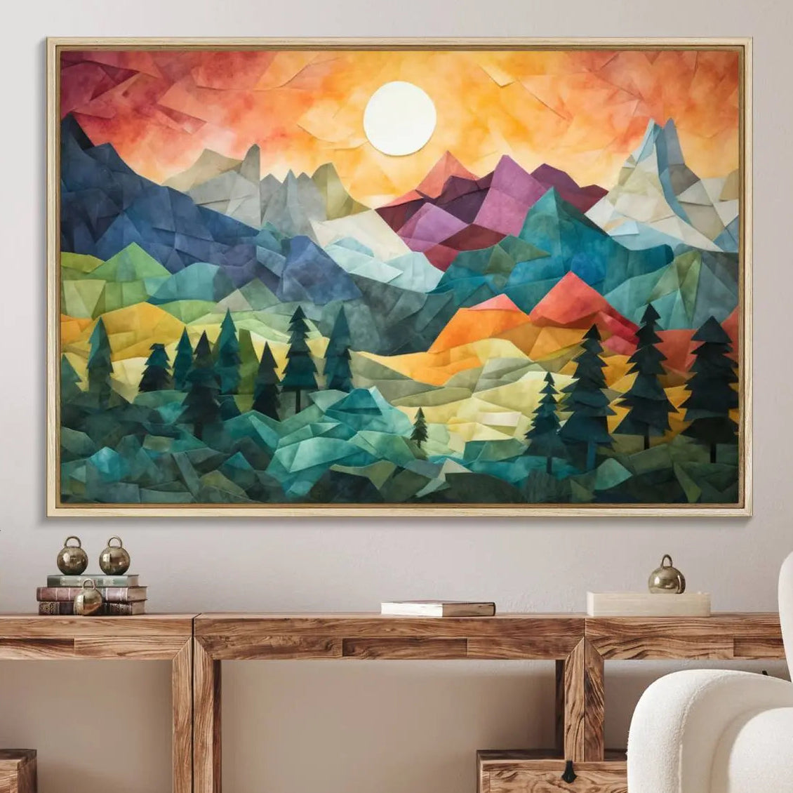 90654-MGV-FC-36X24_Natural-Colorful Abstract Mountain Wall Art Canvas Print – Geometric Vibrant Landscape Artwork for Modern Home, Office Decor
