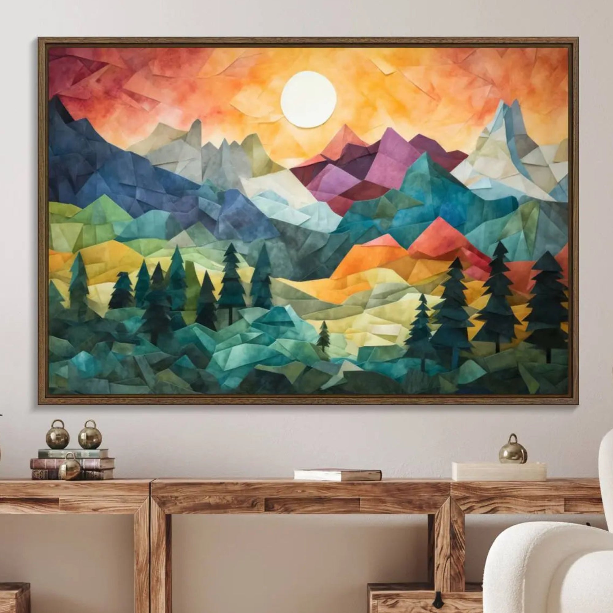 90654-MGV-FC-36X24_Walnut-Colorful Abstract Mountain Wall Art Canvas Print – Geometric Vibrant Landscape Artwork for Modern Home, Office Decor