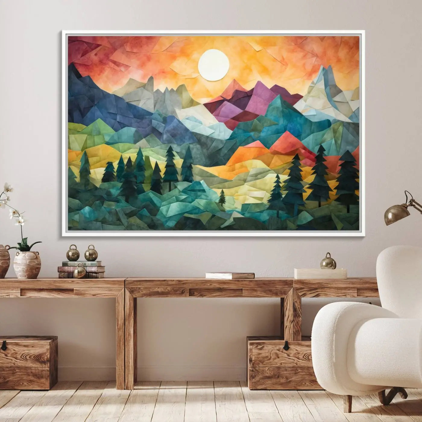 90654-MGV-FC-36X24_White-Large Colorful Abstract Mountain Landscape Canvas Wall Art - Geometric Nature Artwork - Vibrant