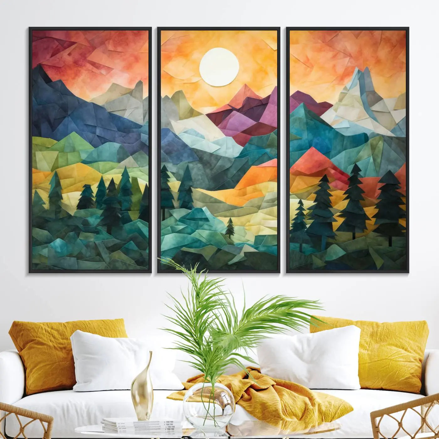 90654-MGV-FC-48X32-3P_Black-Large Colorful Abstract Mountain Landscape Canvas Wall Art - Geometric Nature Artwork - Vibrant