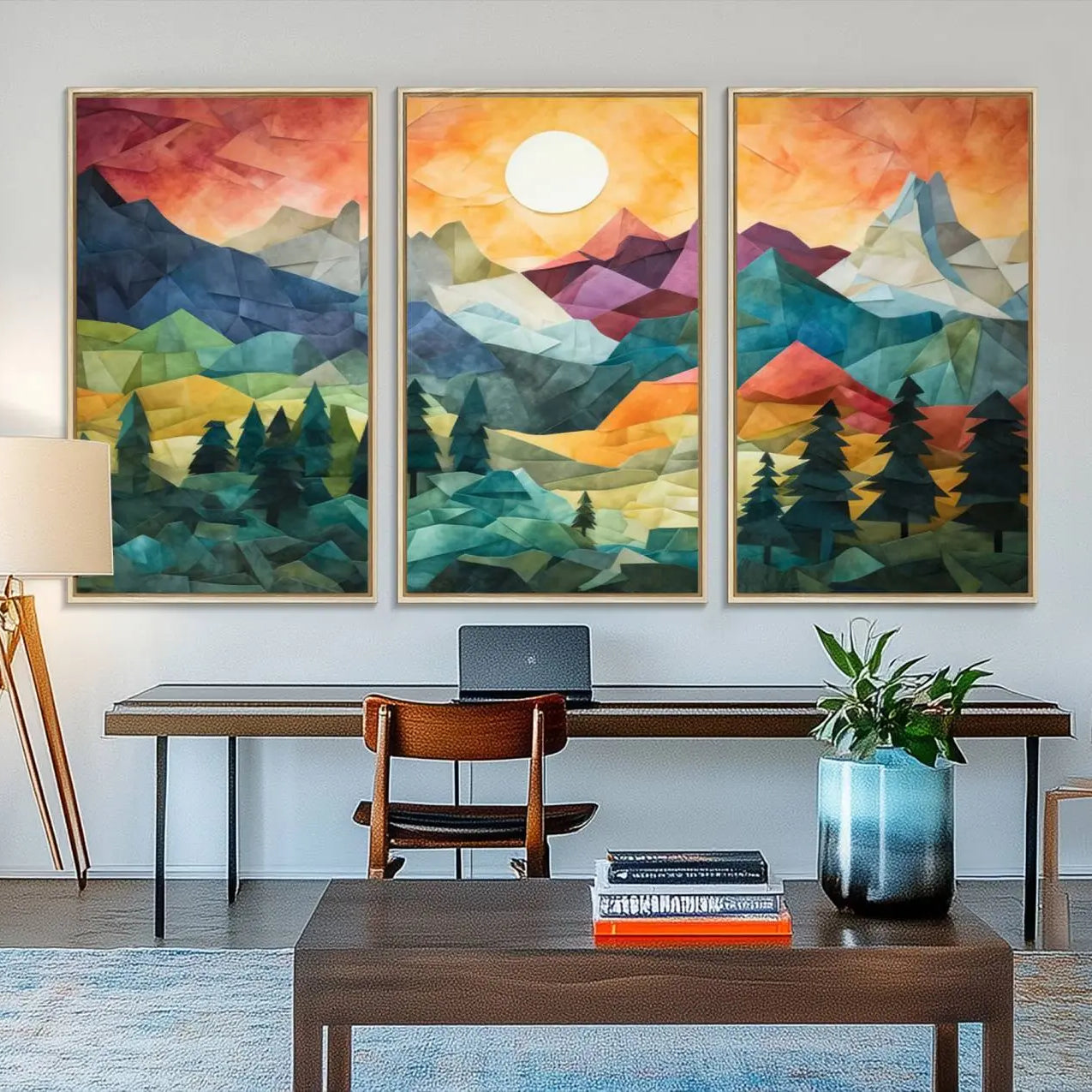 90654-MGV-FC-48X32-3P_Natural-Large Colorful Abstract Mountain Landscape Canvas Wall Art - Geometric Nature Artwork - Vibrant