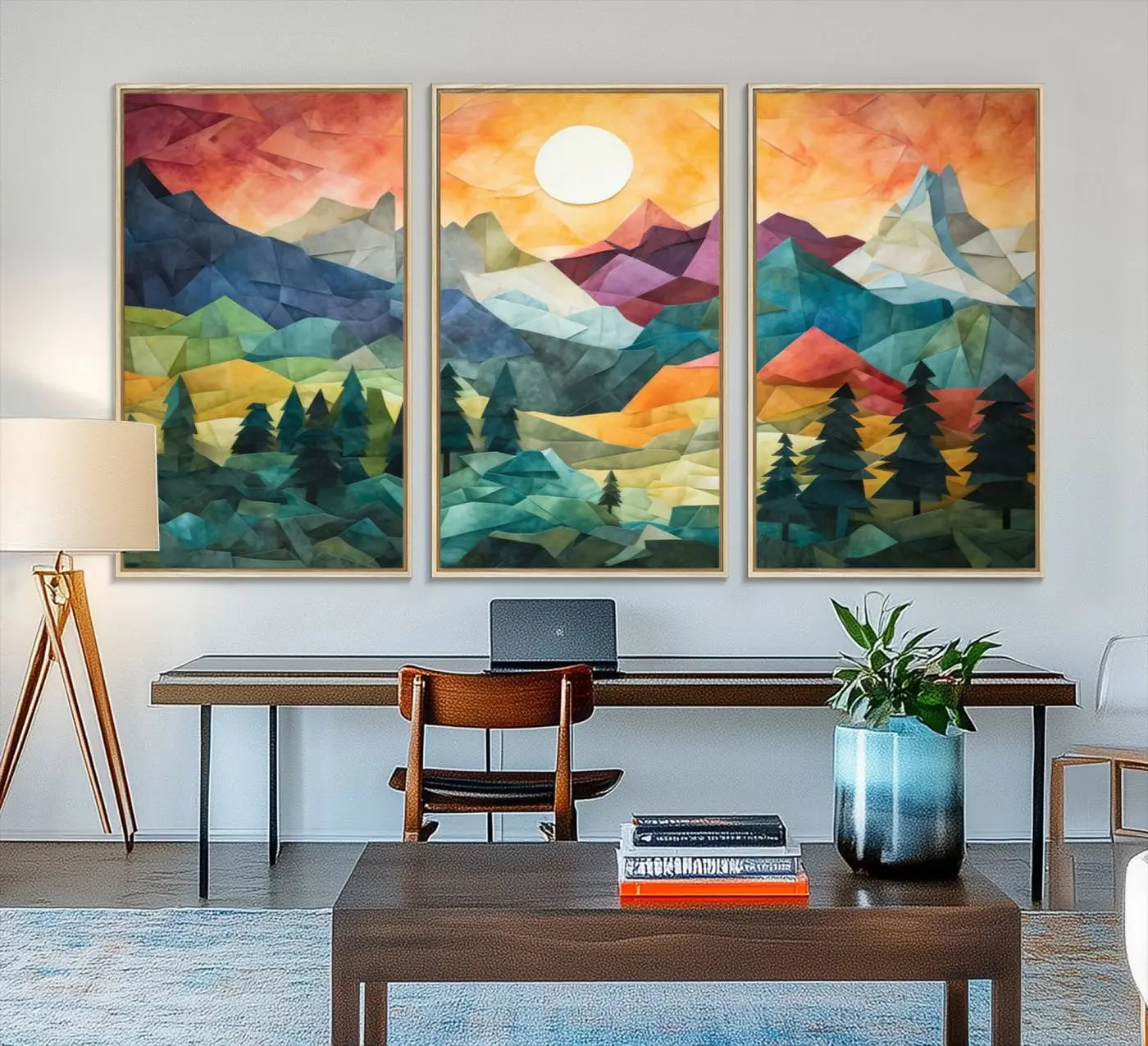 90654-MGV-FC-48X32-3P_Natural-Large Colorful Abstract Mountain Landscape Canvas Wall Art - Geometric Nature Artwork - Vibrant