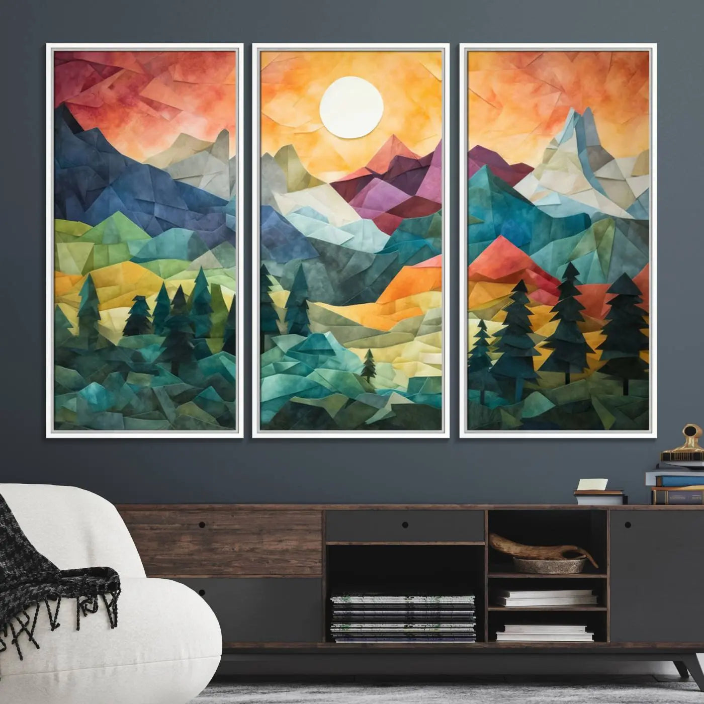 90654-MGV-FC-48X32-3P_White-Large Colorful Abstract Mountain Landscape Canvas Wall Art - Geometric Nature Artwork - Vibrant