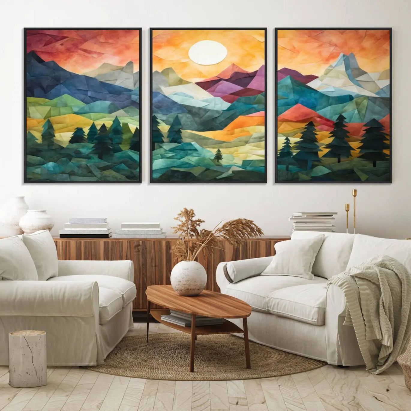 90654-MGV-FC-60X30-3P_Black-Large Colorful Abstract Mountain Landscape Canvas Wall Art - Geometric Nature Artwork - Vibrant