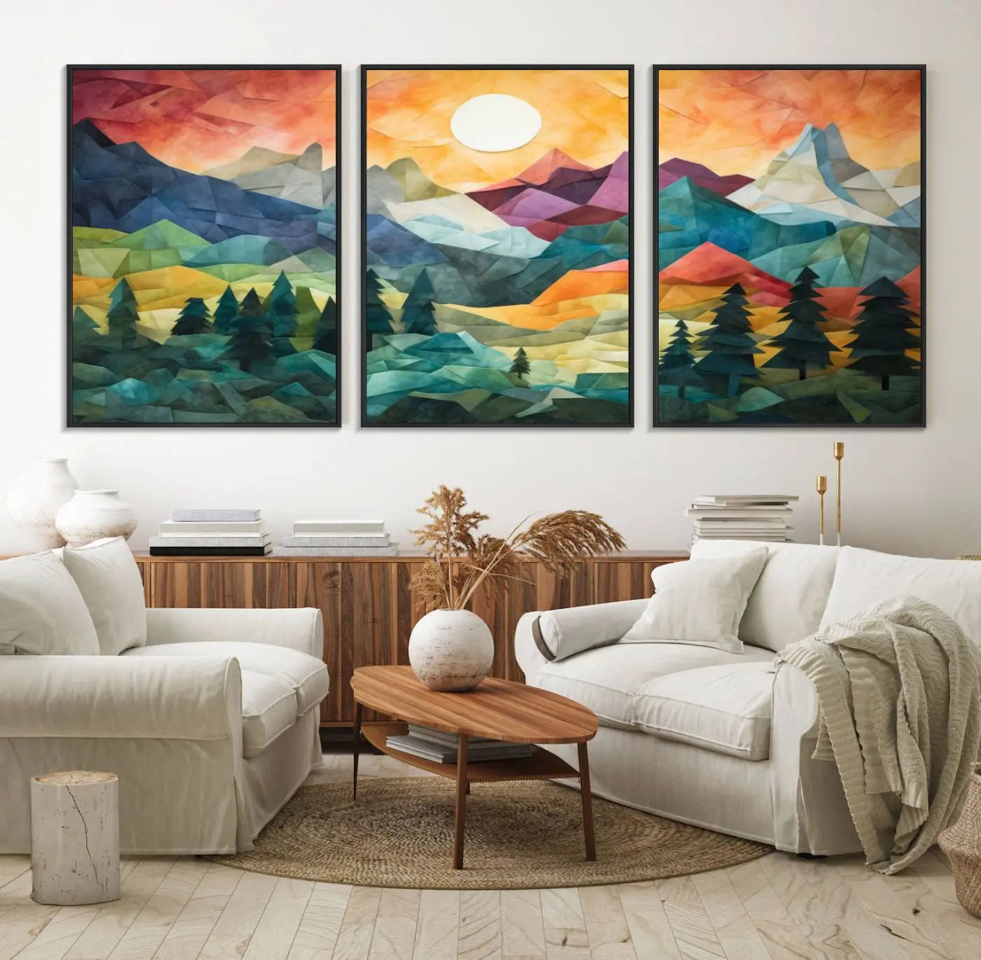 90654-MGV-FC-60X30-3P_Black-Large Colorful Abstract Mountain Landscape Canvas Wall Art - Geometric Nature Artwork - Vibrant