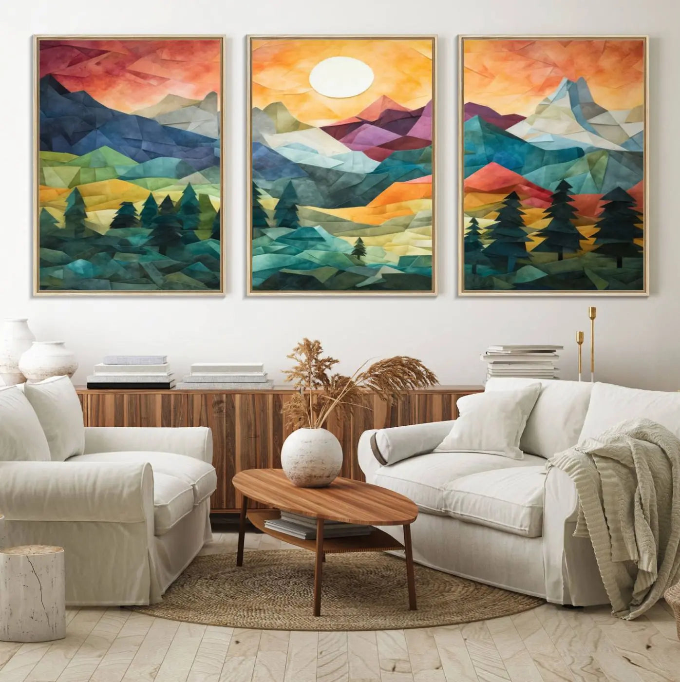 90654-MGV-FC-60X30-3P_Natural-Large Colorful Abstract Mountain Landscape Canvas Wall Art - Geometric Nature Artwork - Vibrant