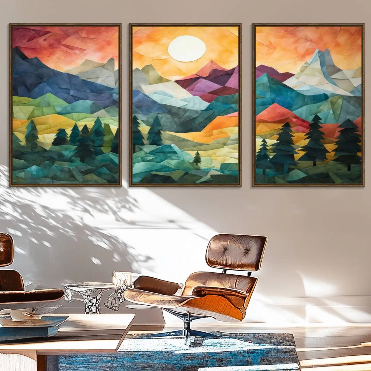 90654-MGV-FC-60X30-3P_Walnut-Large Colorful Abstract Mountain Landscape Canvas Wall Art - Geometric Nature Artwork - Vibrant