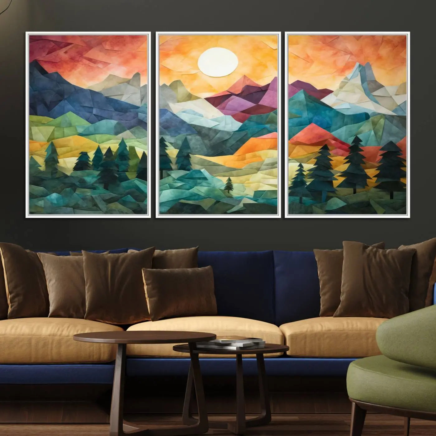 90654-MGV-FC-60X30-3P_White-Large Colorful Abstract Mountain Landscape Canvas Wall Art - Geometric Nature Artwork - Vibrant