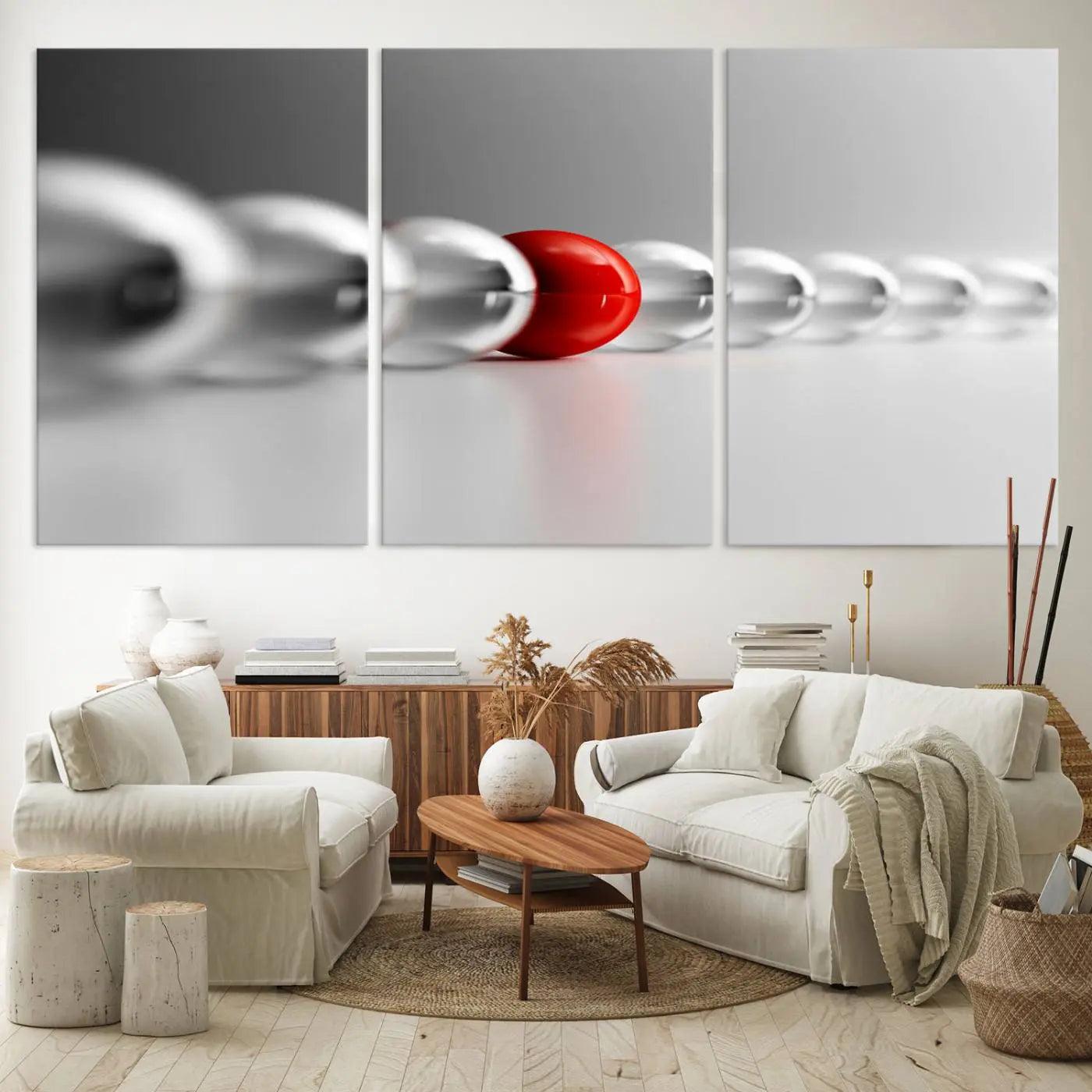 60978-MGV-CV-60X30-3P-Large Wall Art Red Ball in Gray Balls Canvas Art Print Large Wall Art Black White Different Art