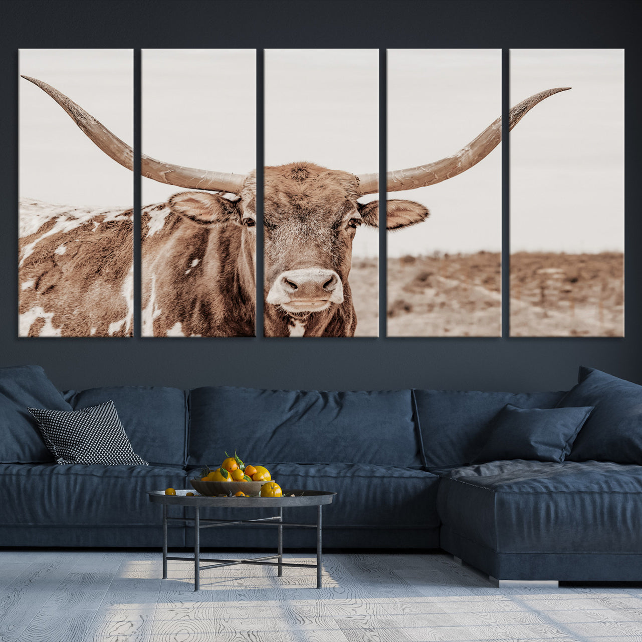 -Longhorn Bull Wall Art Canvas Print, Framed Rustic Cow Art Picture Print, Neutral Farmhouse Perfect