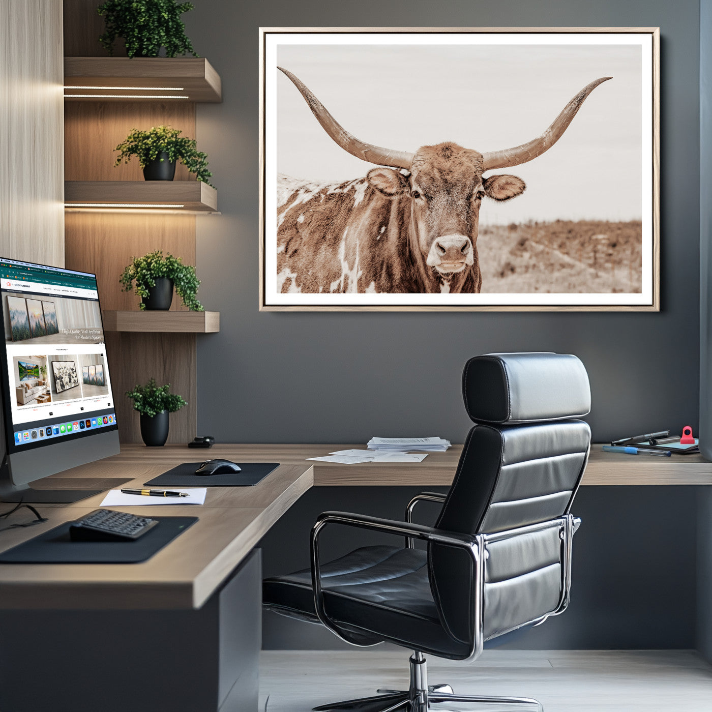 39964150-MGC-FP-36x24_Natural-Longhorn Cow Wall Art Canvas Print – Framed Texas Ranch Scene with Western Bull Artwork for Home, Office, Living Room
