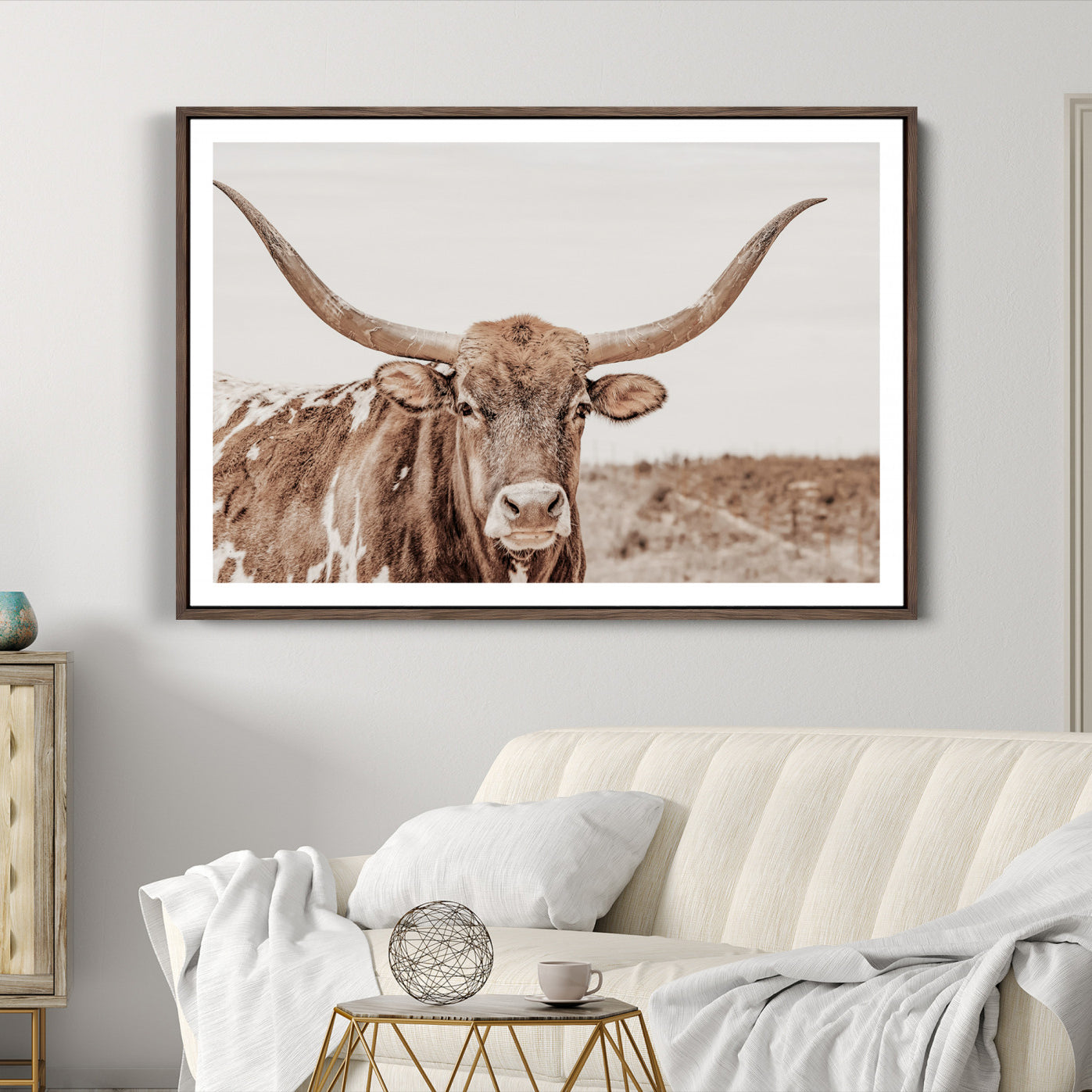 39964150-MGC-FP-36x24_Walnut-Longhorn Cow Wall Art Canvas Print – Framed Texas Ranch Scene with Western Bull Artwork for Home, Office, Living Room