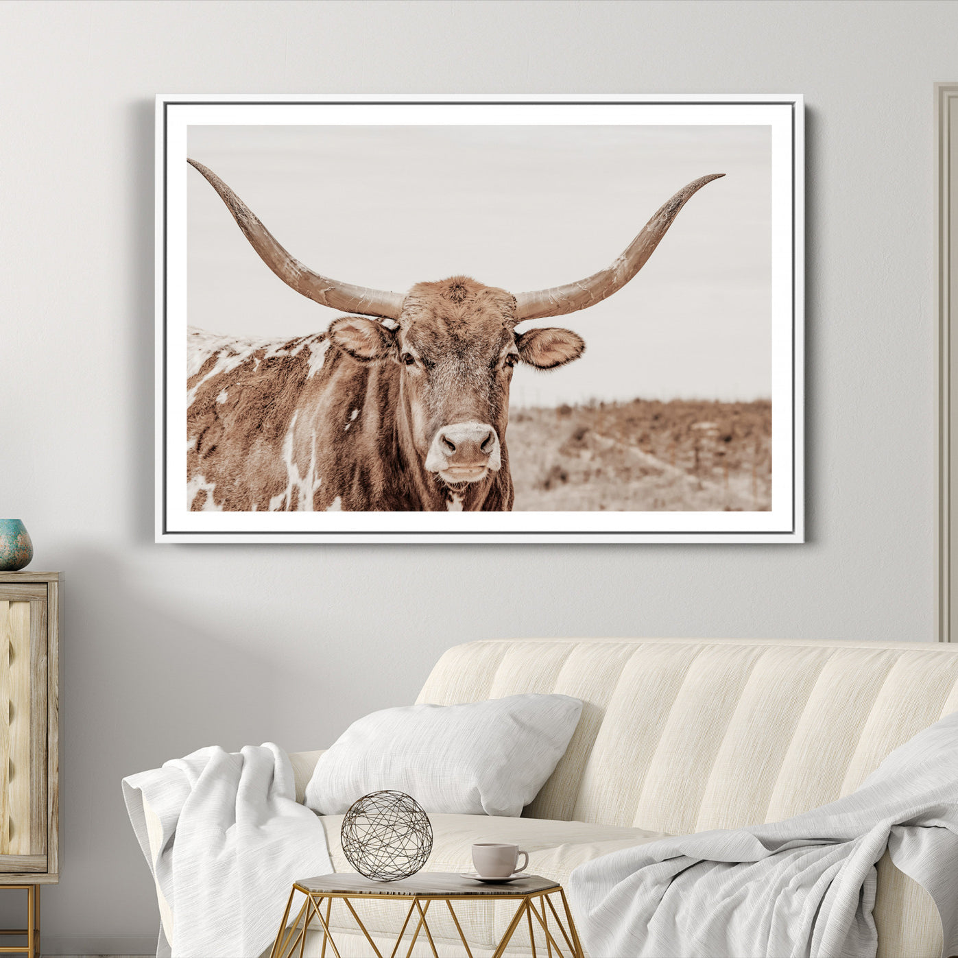 39964150-MGC-FP-36x24_White-Longhorn Cow Wall Art Canvas Print – Framed Texas Ranch Scene with Western Bull Artwork for Home, Office, Living Room