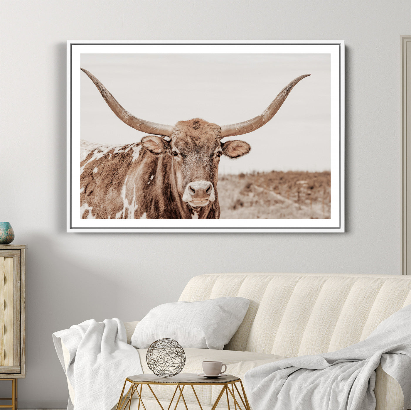 39964150-MGC-FP-36x24_White-Longhorn Cow Wall Art Canvas Print – Framed Texas Ranch Scene with Western Bull Artwork for Home, Office, Living Room