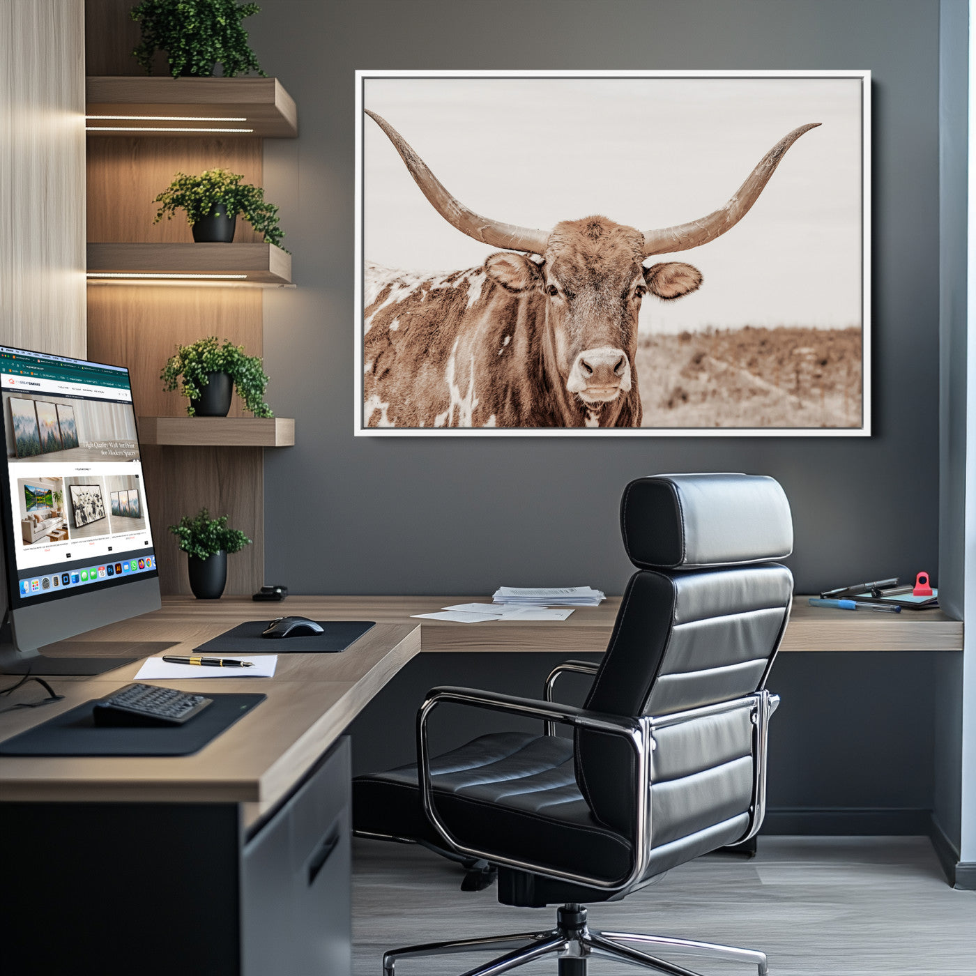 39964150-MGV-CV-36X24-Longhorn Cow Wall Art Canvas Print – Framed Texas Ranch Scene with Western Bull Artwork for Home, Office, Living Room