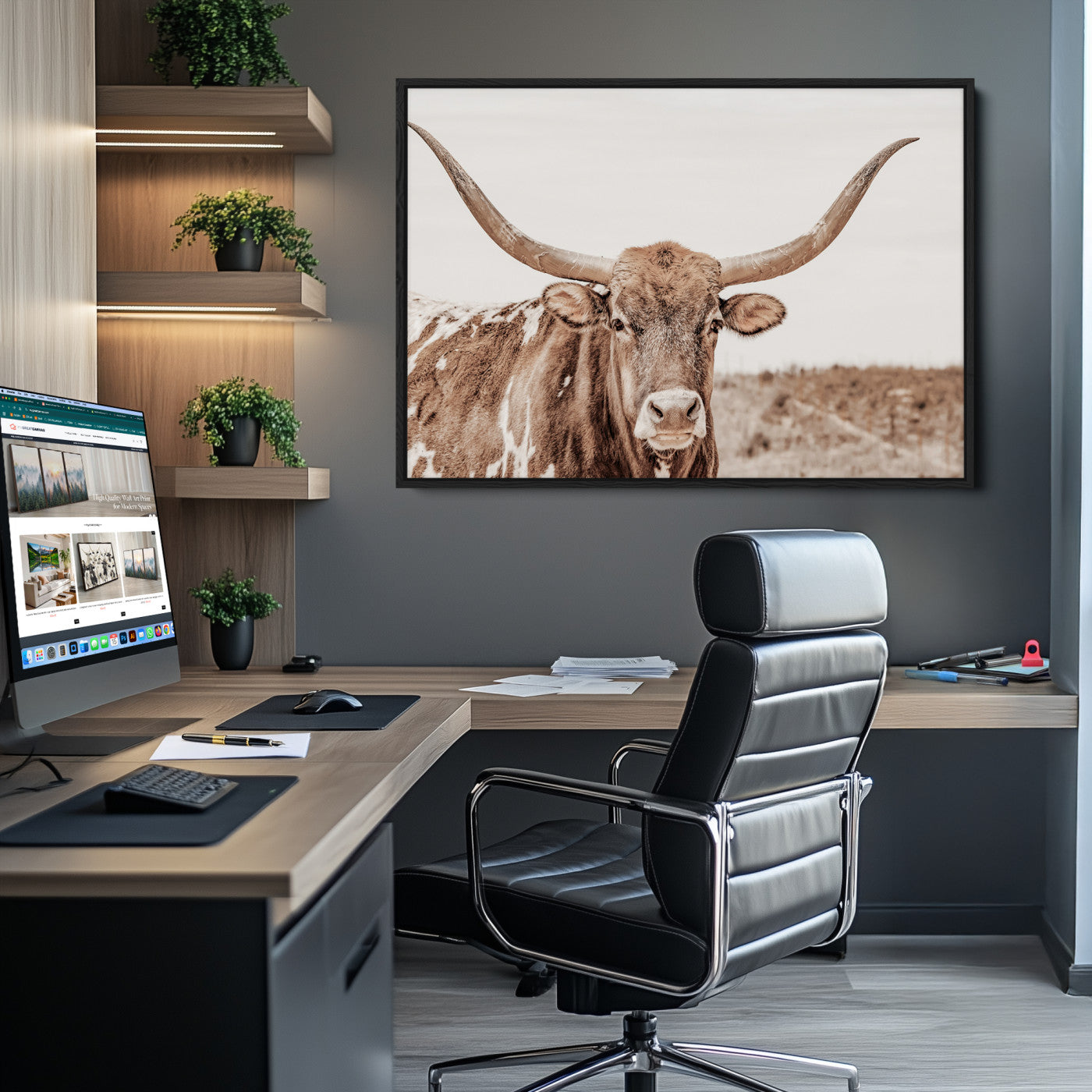 39964150-MGV-CV-36X24-Longhorn Cow Wall Art Canvas Print – Framed Texas Ranch Scene with Western Bull Artwork for Home, Office, Living Room