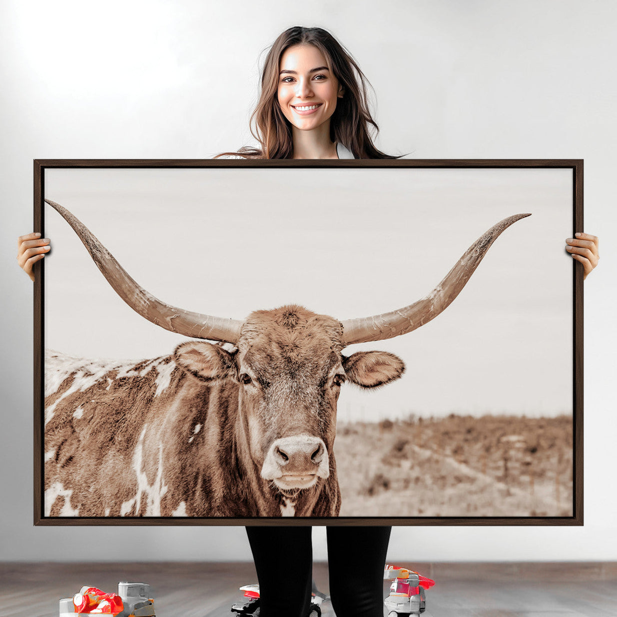39964150-MGV-CV-36X24-Longhorn Cow Wall Art Canvas Print – Framed Texas Ranch Scene with Western Bull Artwork for Home, Office, Living Room