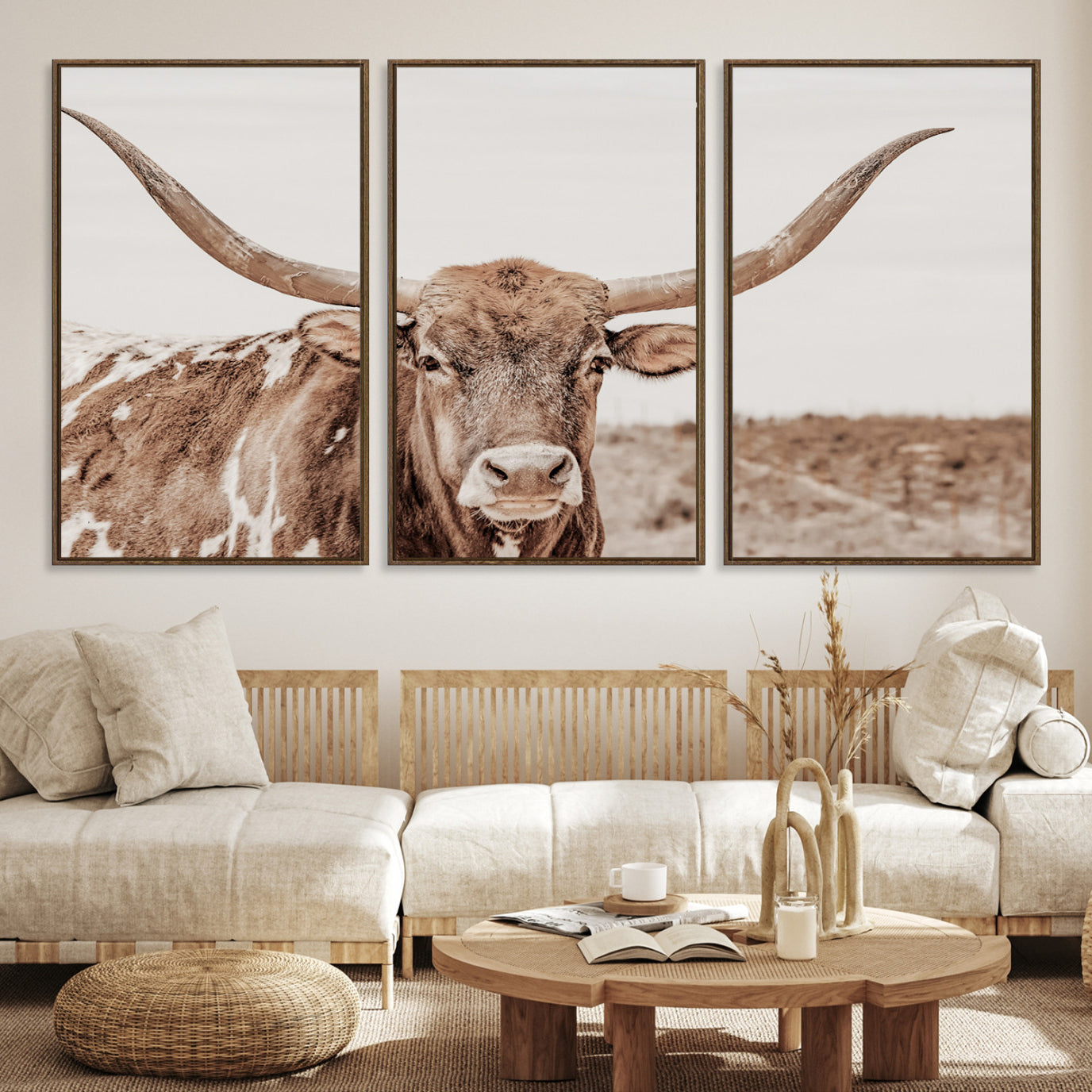 39964150-MGV-CV-36X24-Longhorn Cow Wall Art Canvas Print – Framed Texas Ranch Scene with Western Bull Artwork for Home, Office, Living Room