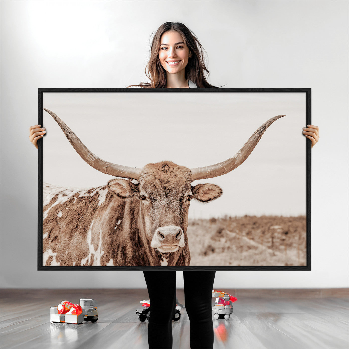 39964150-MGV-CV-36X24-Longhorn Cow Wall Art Canvas Print – Framed Texas Ranch Scene with Western Bull Artwork for Home, Office, Living Room
