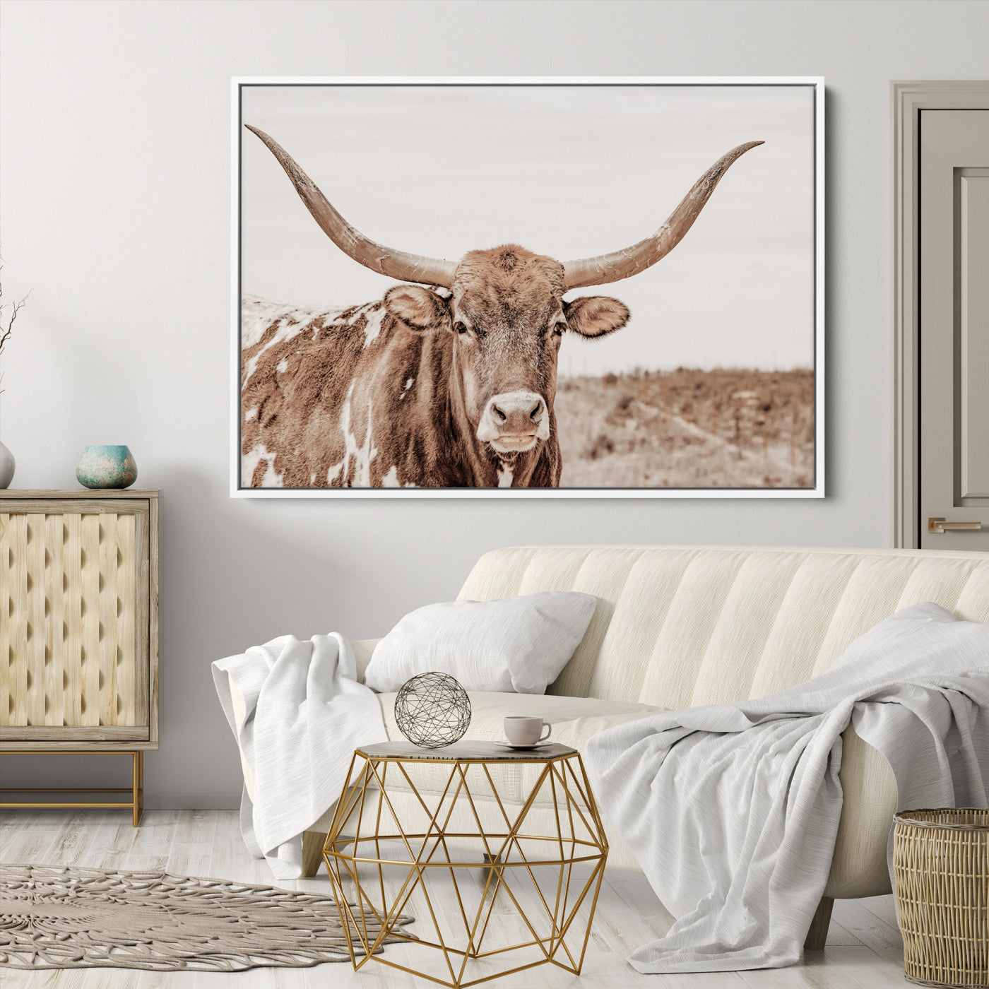 39964150-MGV-CV-36X24-Longhorn Cow Wall Art Canvas Print – Framed Texas Ranch Scene with Western Bull Artwork for Home, Office, Living Room