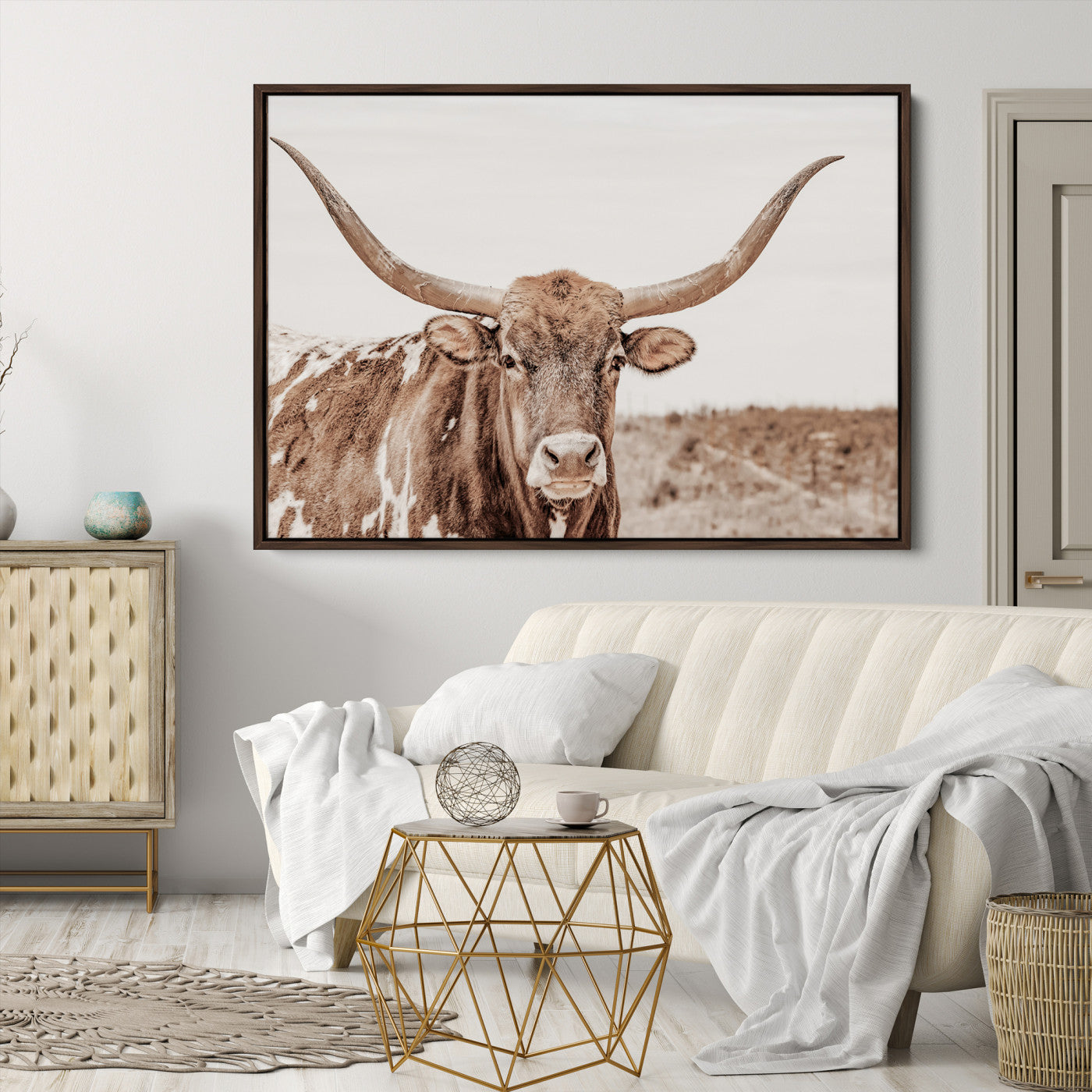 39964150-MGV-CV-36X24-Longhorn Cow Wall Art Canvas Print – Framed Texas Ranch Scene with Western Bull Artwork for Home, Office, Living Room