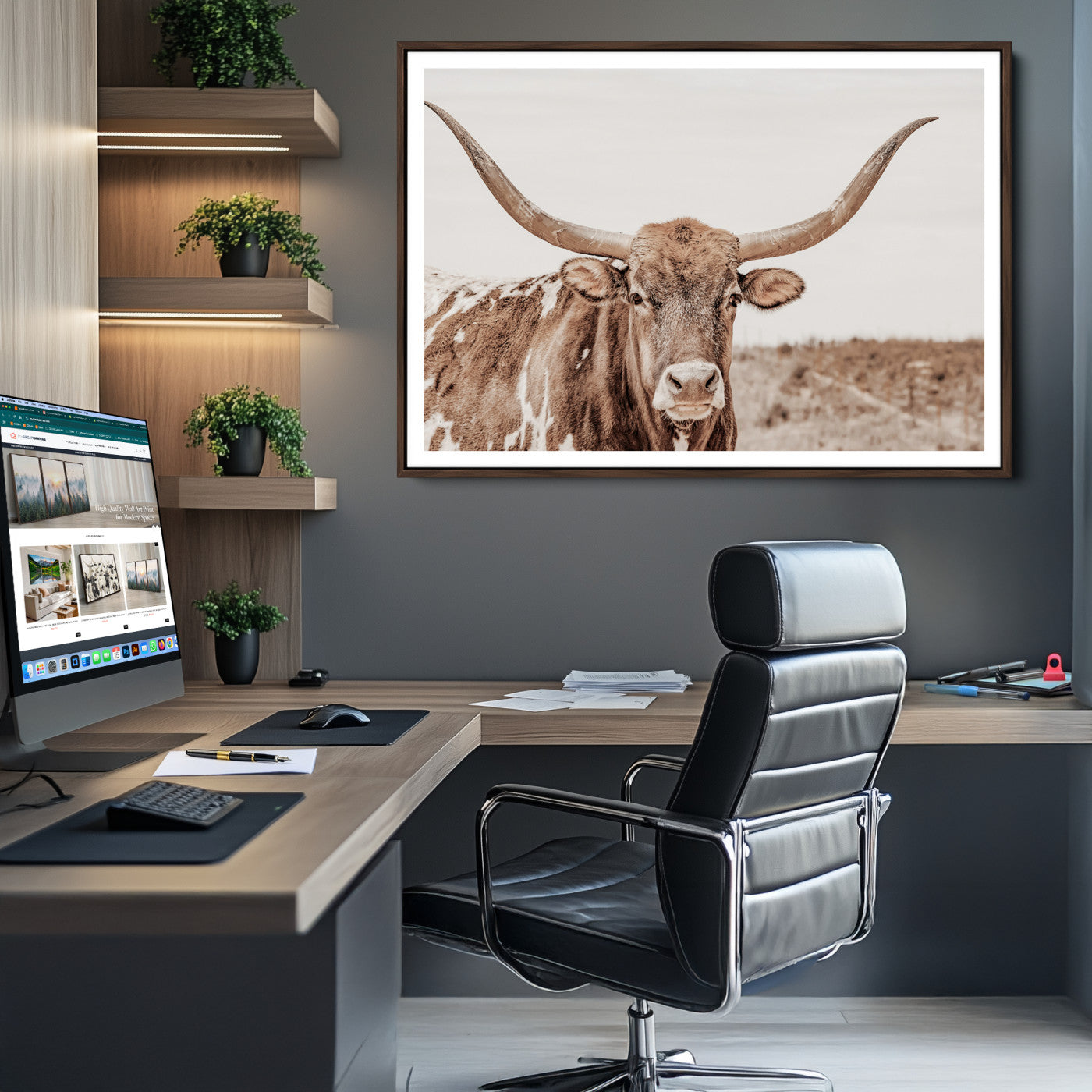39964150-MGV-CV-36X24-Longhorn Cow Wall Art Canvas Print – Framed Texas Ranch Scene with Western Bull Artwork for Home, Office, Living Room