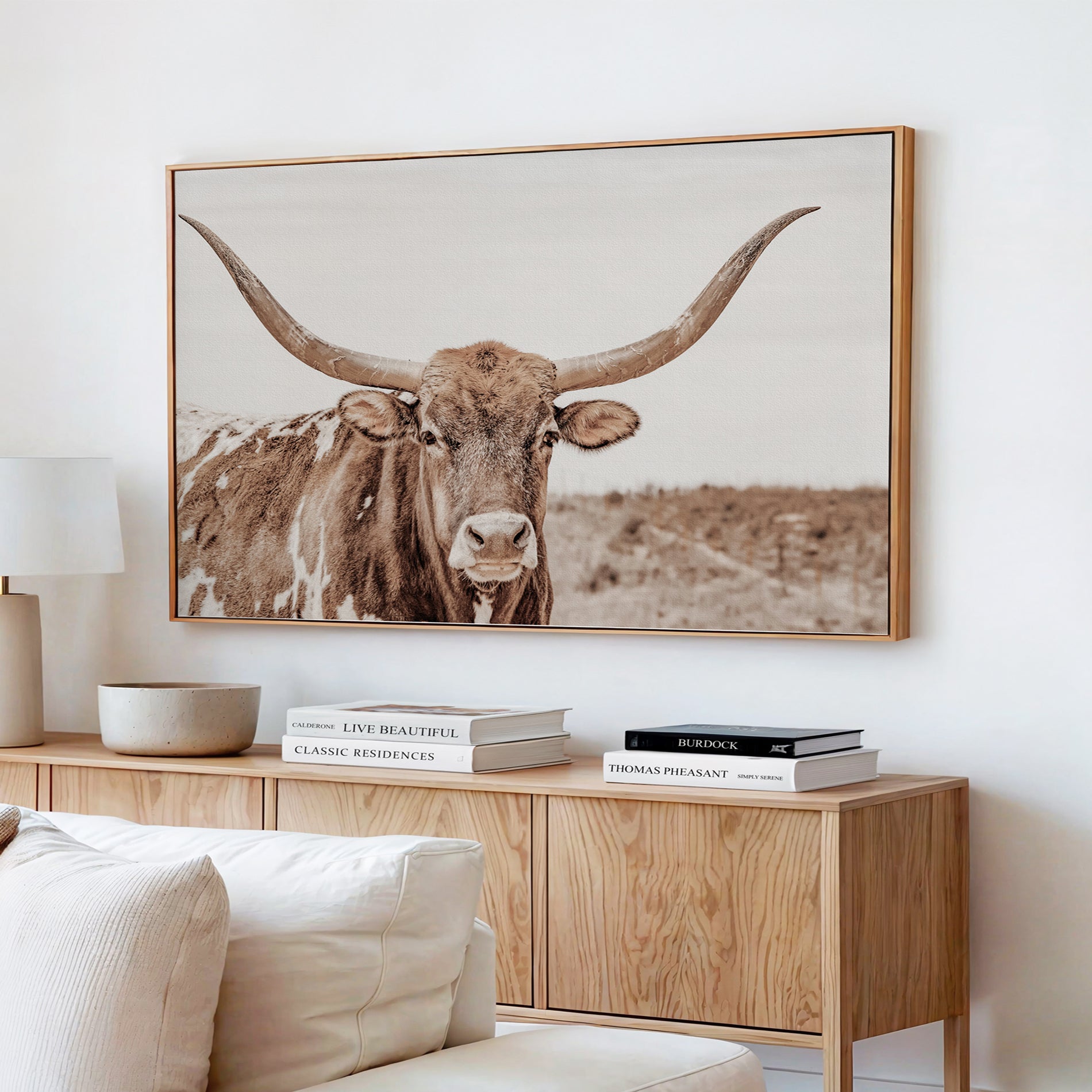 39964150-MGV-CV-36X24-Longhorn Cow Wall Art Canvas Print – Framed Texas Ranch Scene with Western Bull Artwork for Home, Office, Living Room