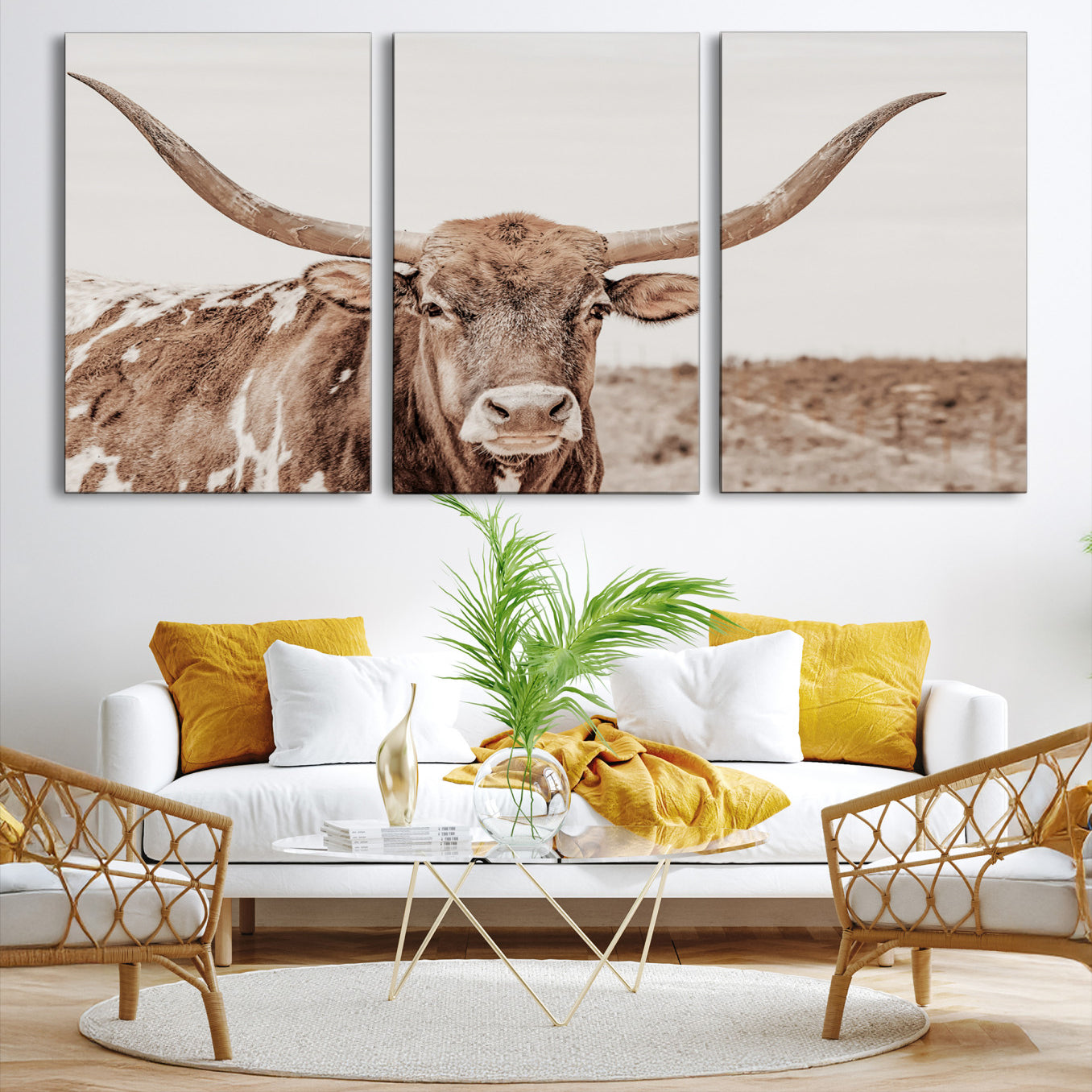 39964150-MGV-CV-36X24-Longhorn Cow Wall Art Canvas Print – Framed Texas Ranch Scene with Western Bull Artwork for Home, Office, Living Room