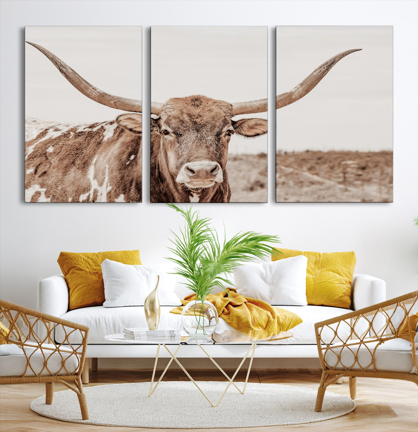 39964150-MGV-CV-36X24-Longhorn Cow Wall Art Canvas Print – Framed Texas Ranch Scene with Western Bull Artwork for Home, Office, Living Room