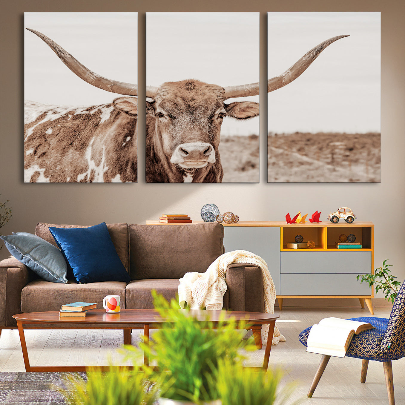 39964150-MGV-CV-36X24-Longhorn Cow Wall Art Canvas Print – Framed Texas Ranch Scene with Western Bull Artwork for Home, Office, Living Room