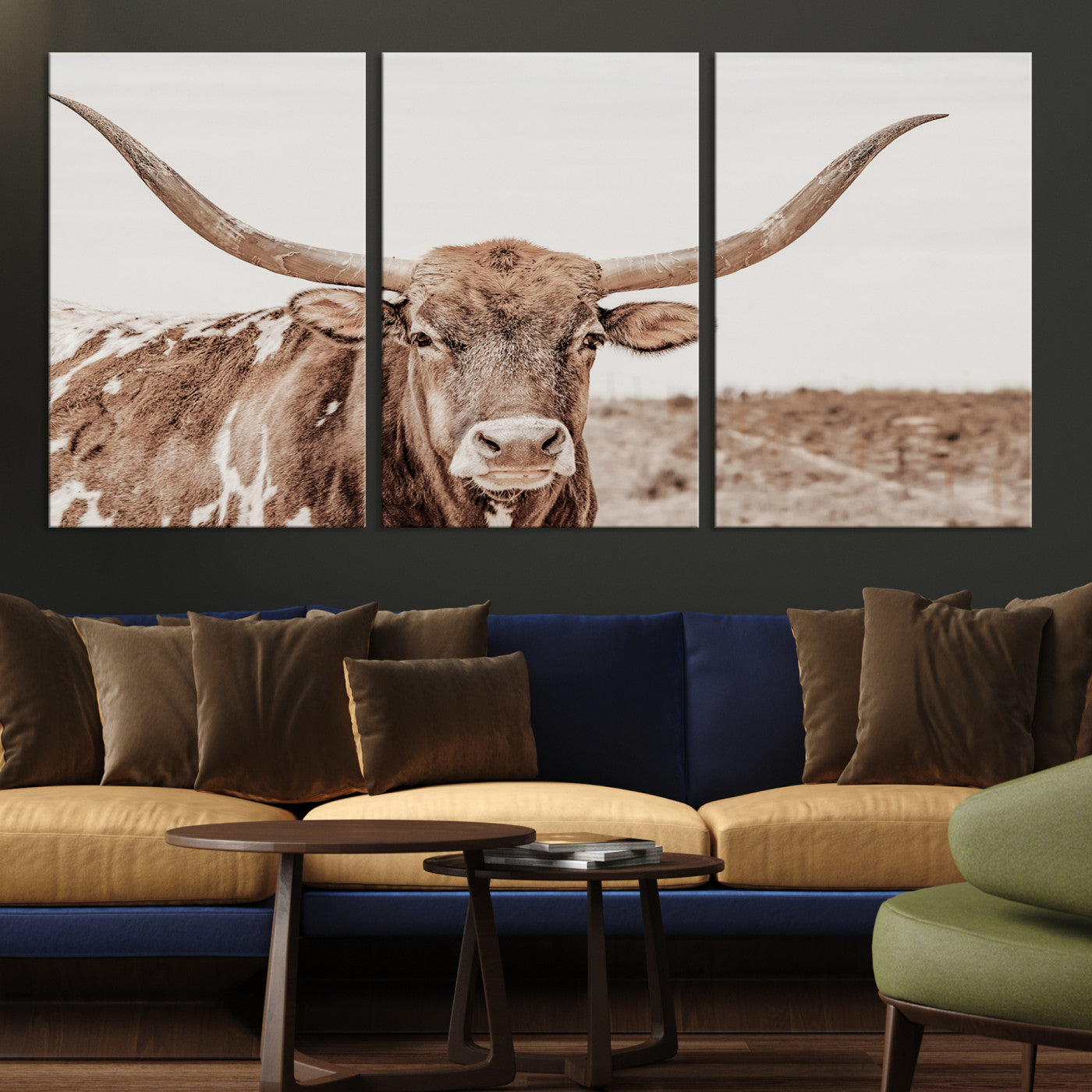 39964150-MGV-CV-36X24-Longhorn Cow Wall Art Canvas Print – Framed Texas Ranch Scene with Western Bull Artwork for Home, Office, Living Room