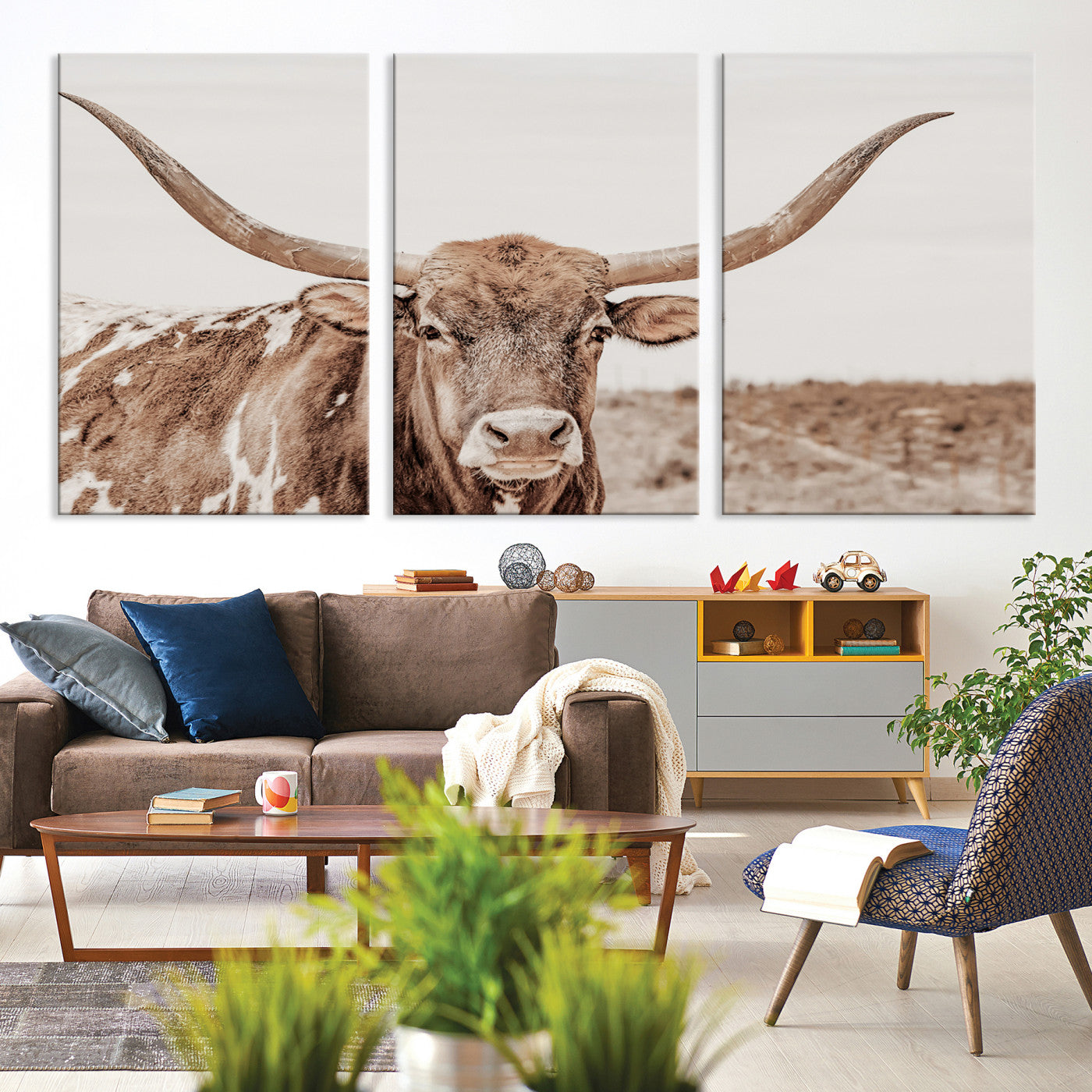 39964150-MGV-CV-36X24-Longhorn Cow Wall Art Canvas Print – Framed Texas Ranch Scene with Western Bull Artwork for Home, Office, Living Room
